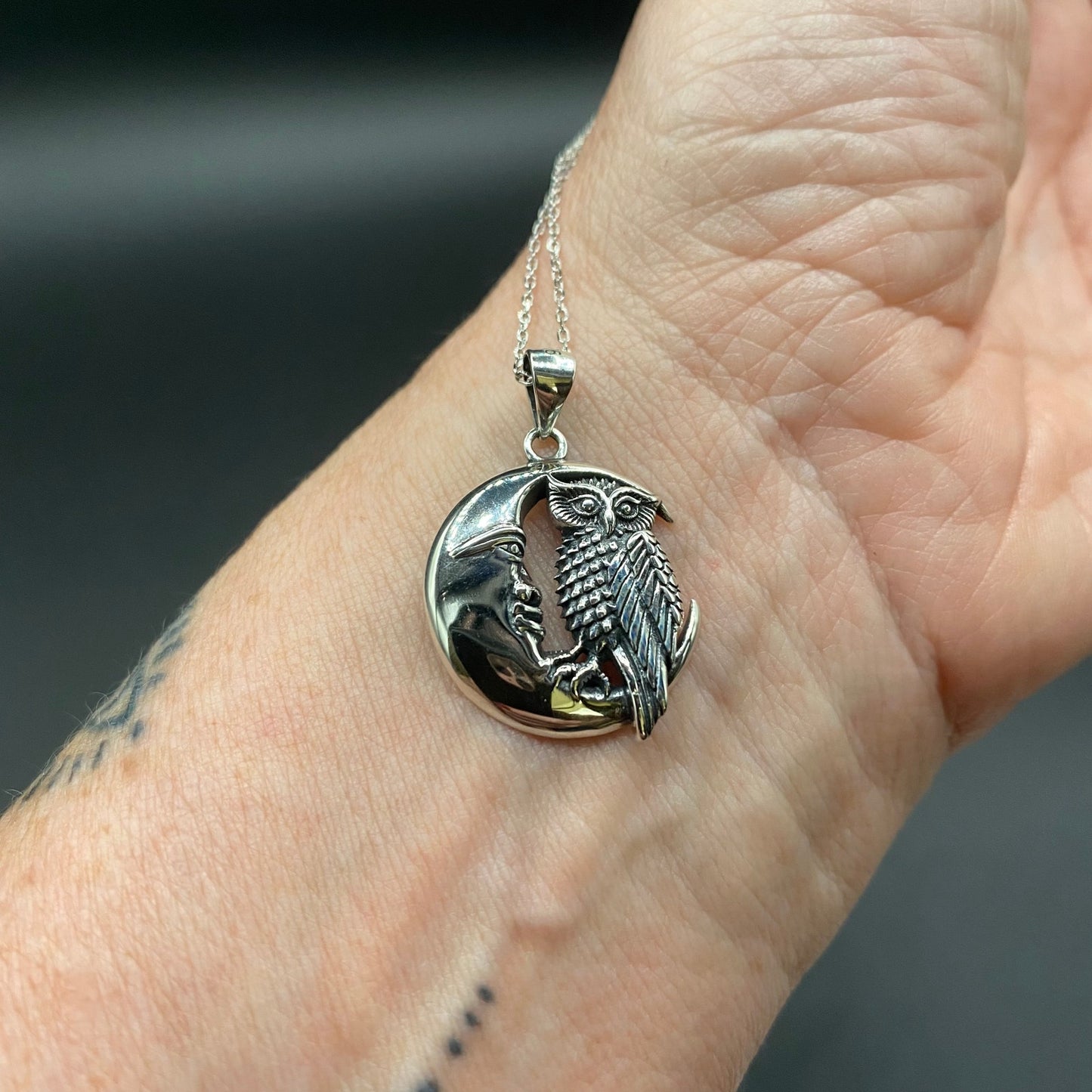 Owl And Moon Sterling Silver Necklace