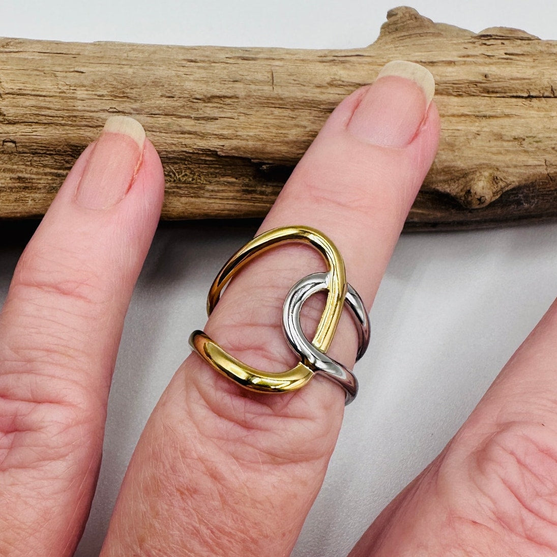 18K Gold Non-Tarnish Abstract Two Tone Ring Size 7 (Adjustable)