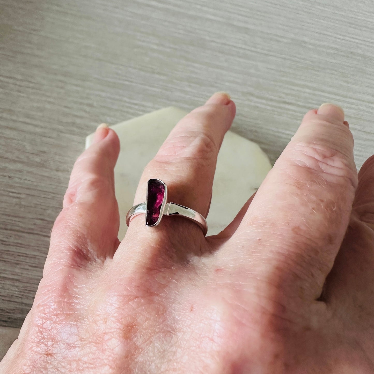 Natural Pink Tourmaline Crystal Sterling Silver Ring