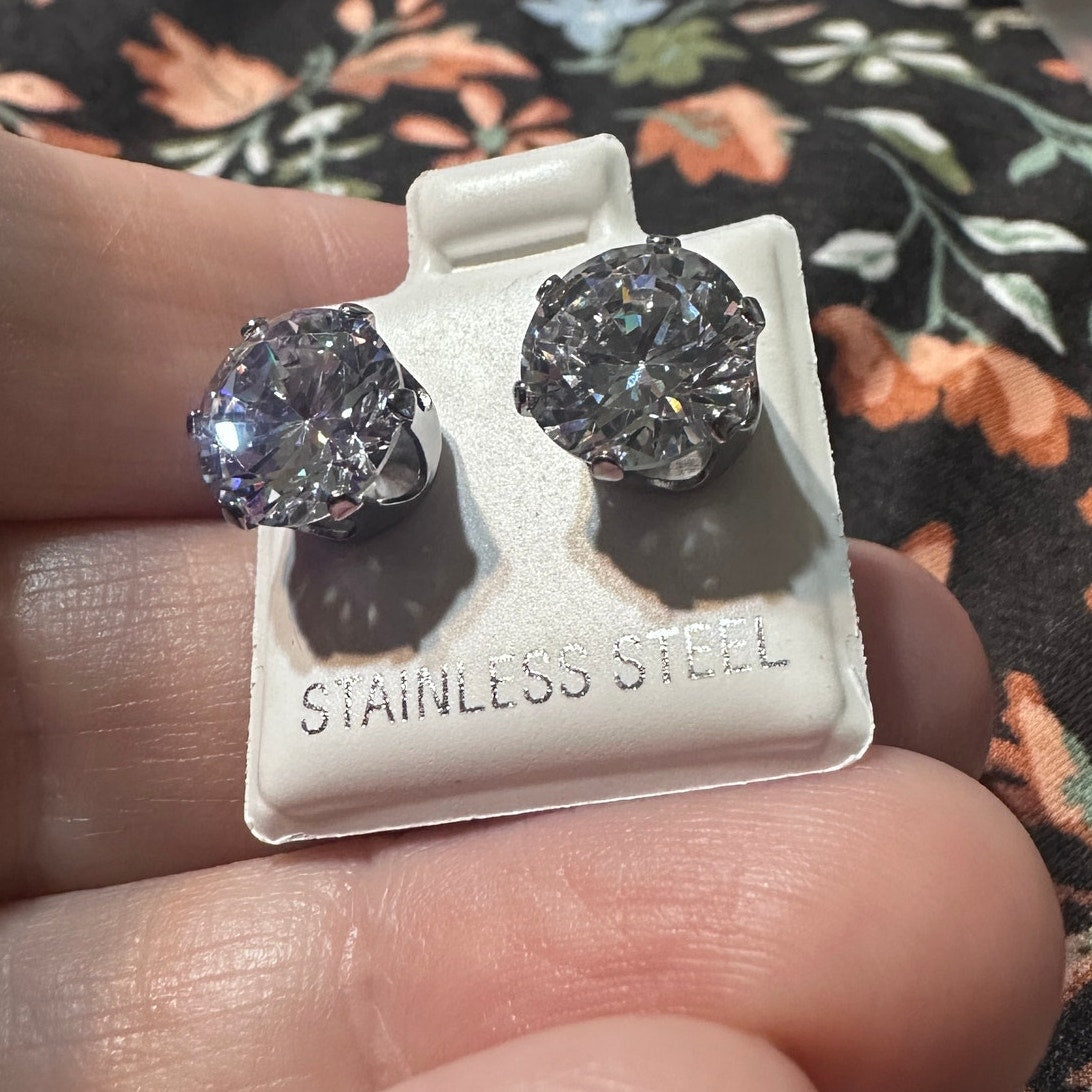 Stainless Steel 9mm Clear CZ Stud Earrings