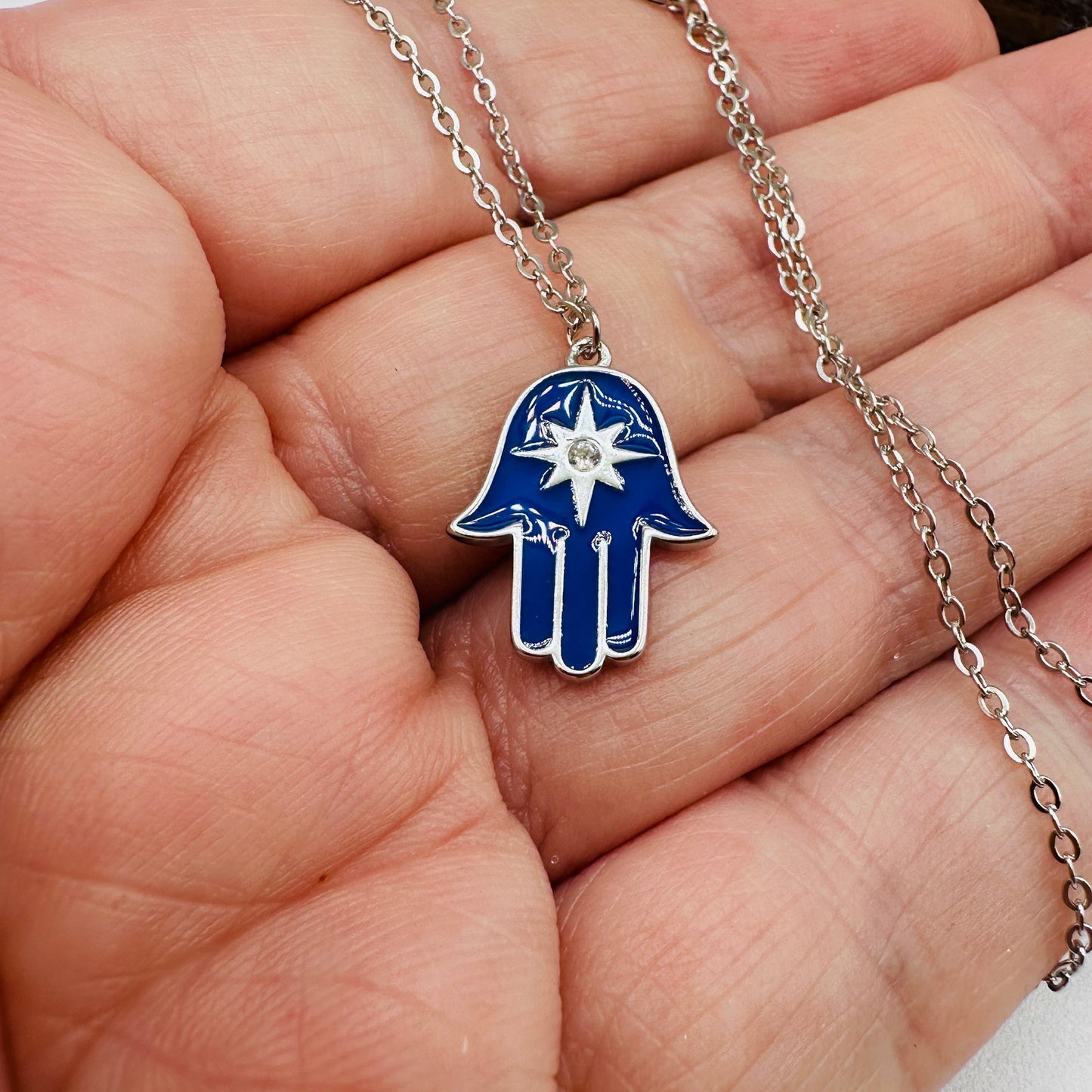 Sterling Silver Blue Enamel Hamsa Star of David Necklace