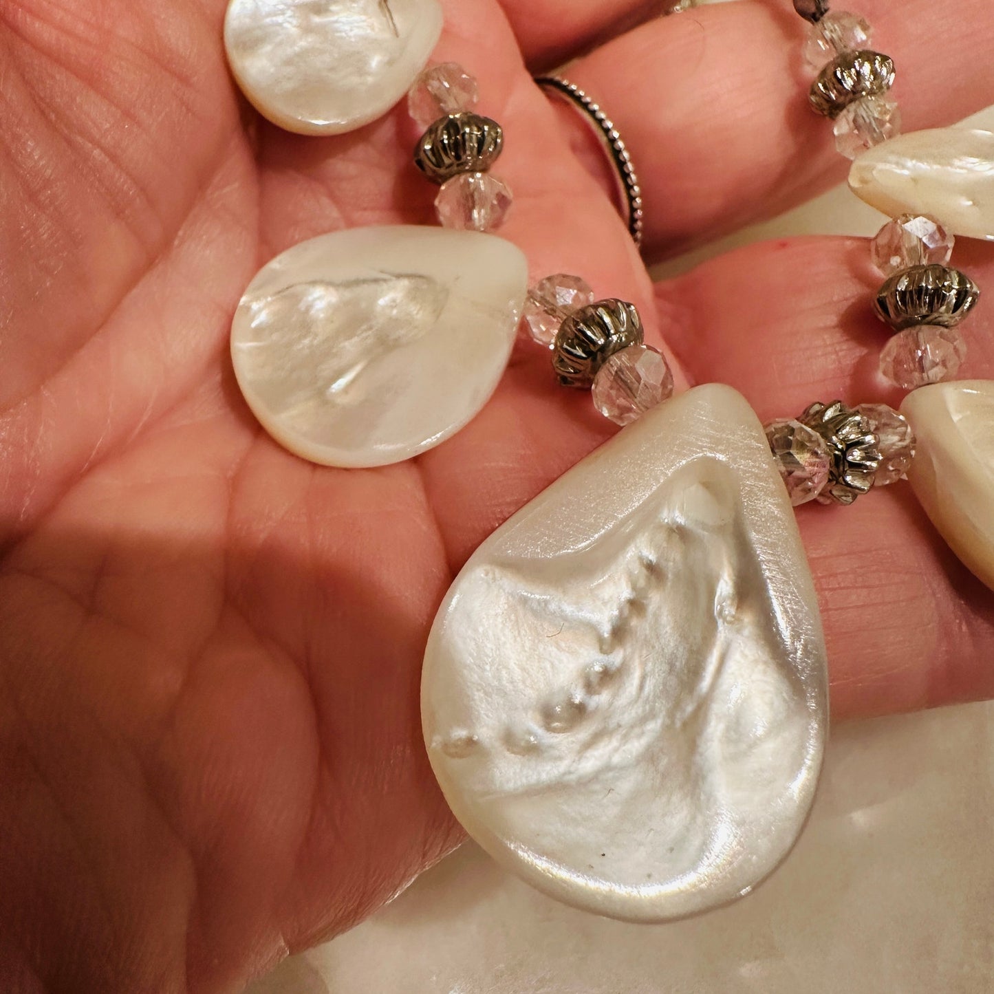 Silver-Tone Multi-Strand Necklace with Mother of Pearl Style Teardrop Drops