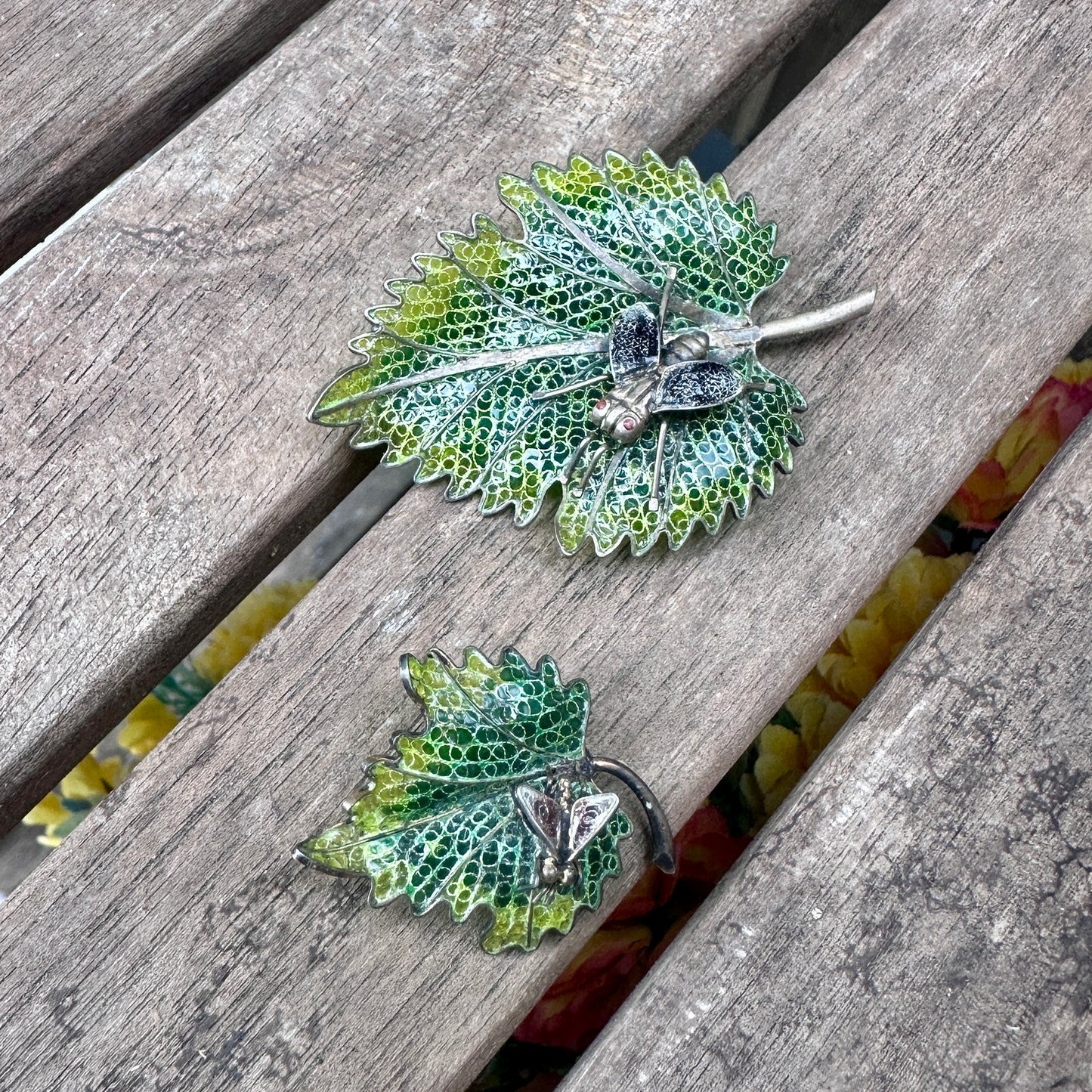 Vintage Plique a Jour Enamel 800 Silver Leaf Bug Brooch Large