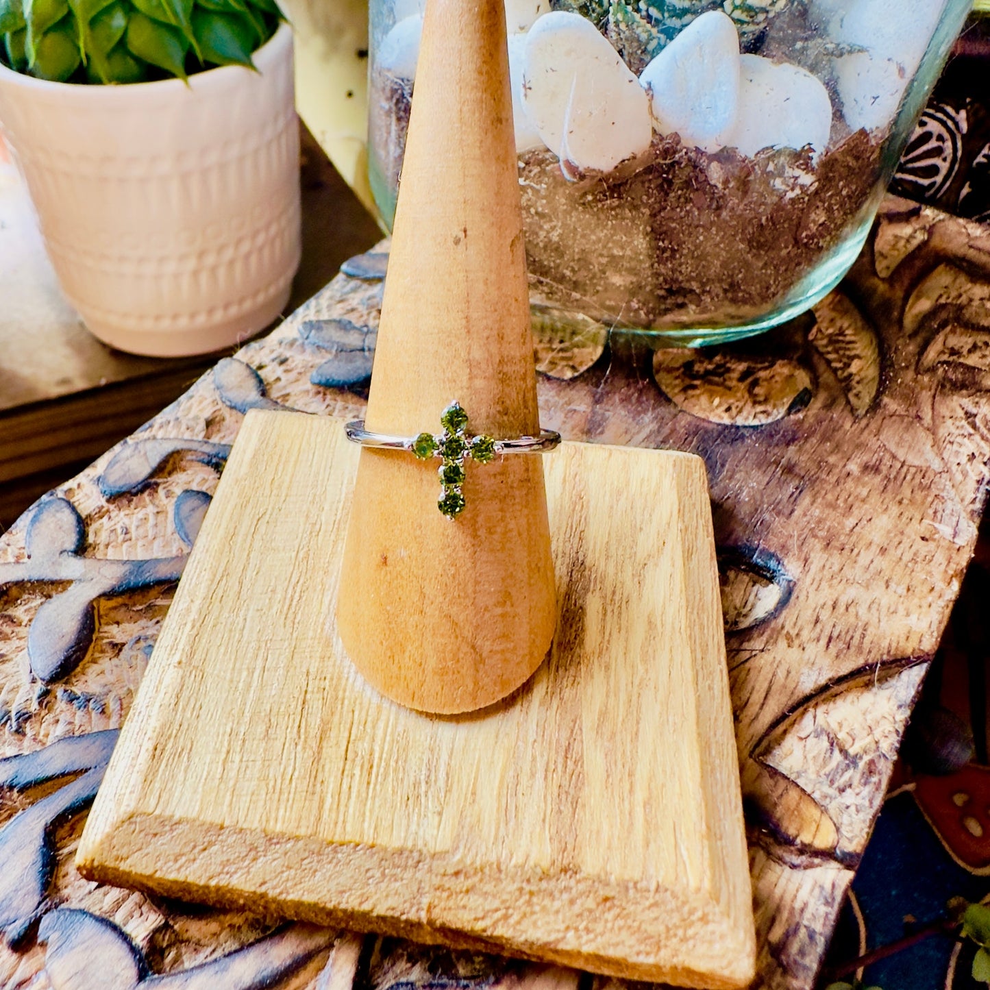 Sterling Silver Cross Green CZ Ring