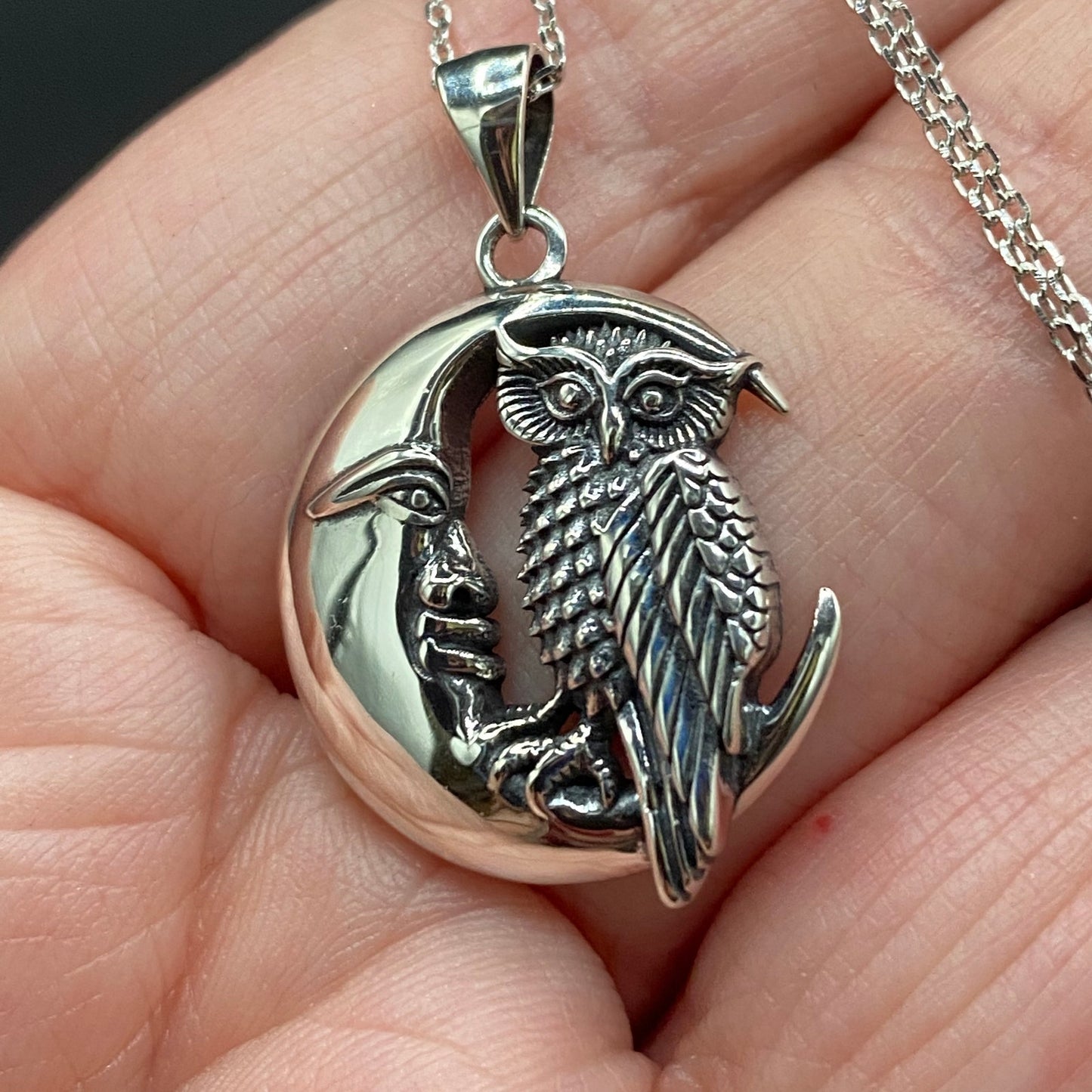 Owl And Moon Sterling Silver Necklace