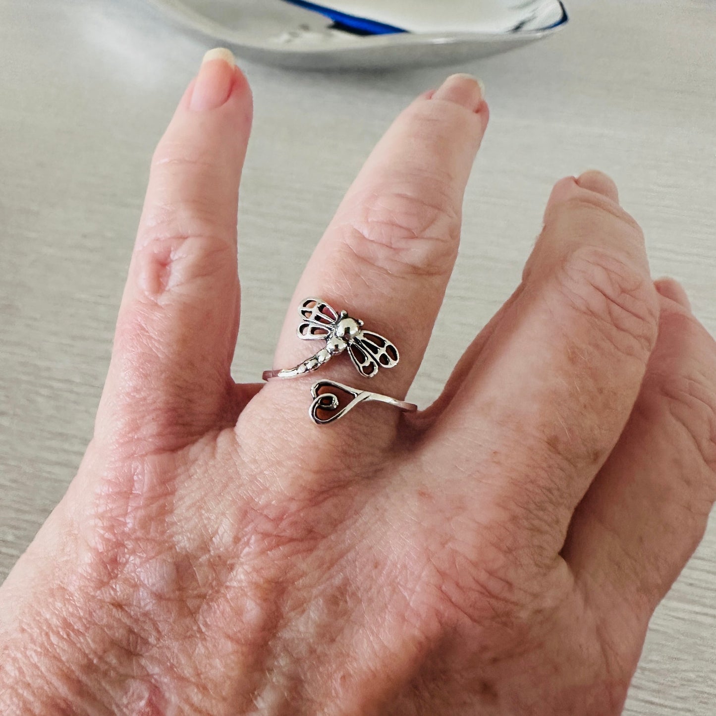 Dragonfly Heart Sterling Silver Ring, Oxidized