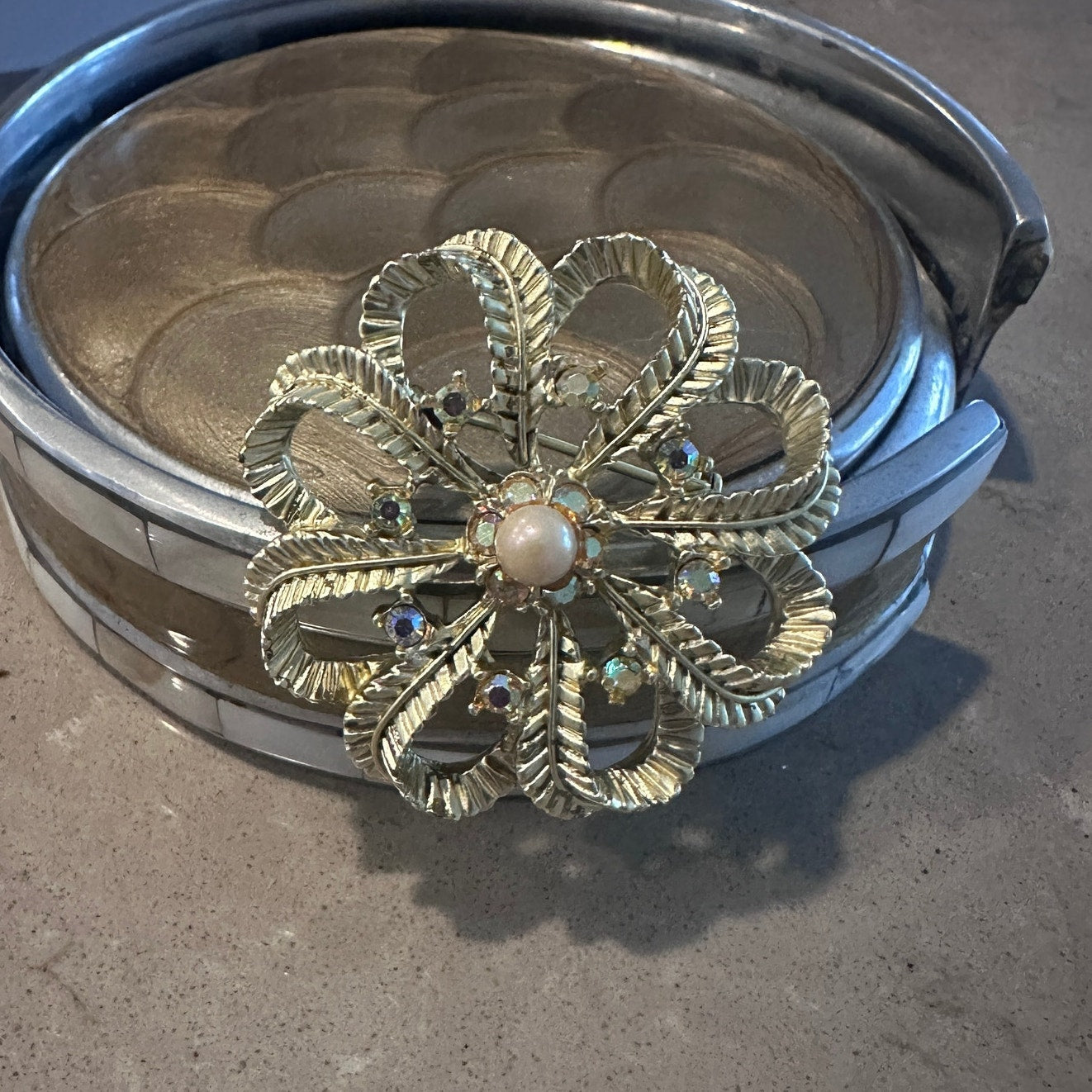 Vintage Gold Tone Filigree Flower Brooch w/ Faux Pearl & Rhinestones