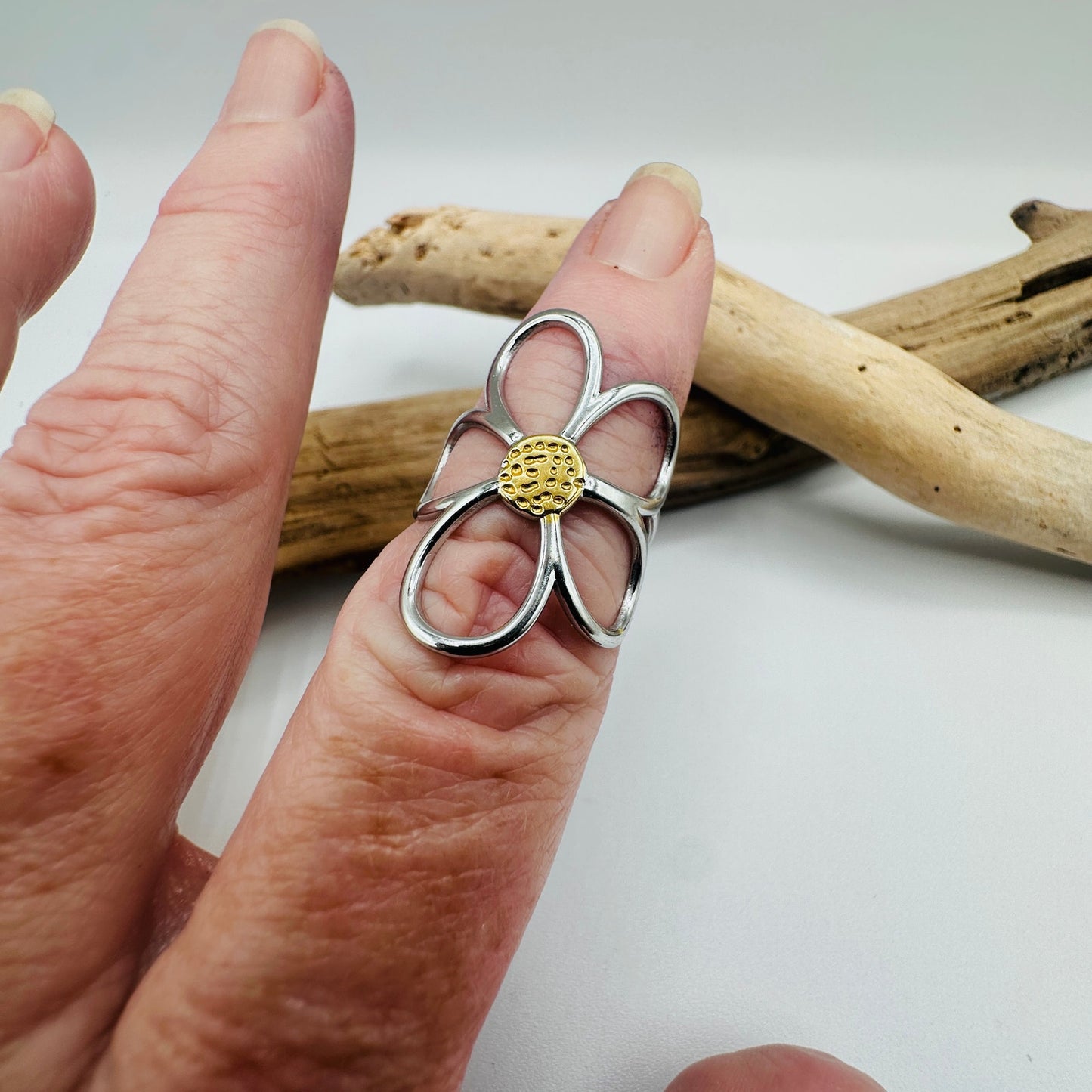 Silver & Gold Flower Statement Ring- Stainless Steel 18K