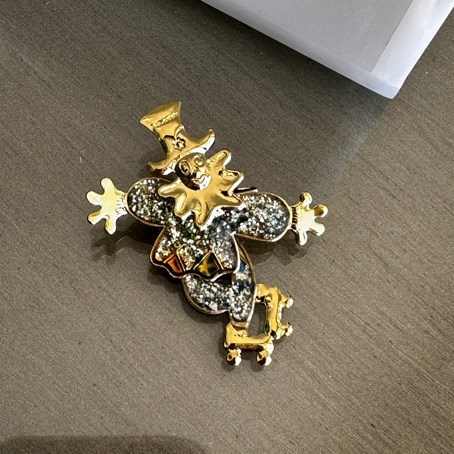 Vintage Harlequin Moveable Clown Brooch-Moveable Limbs, Enamel Glitter