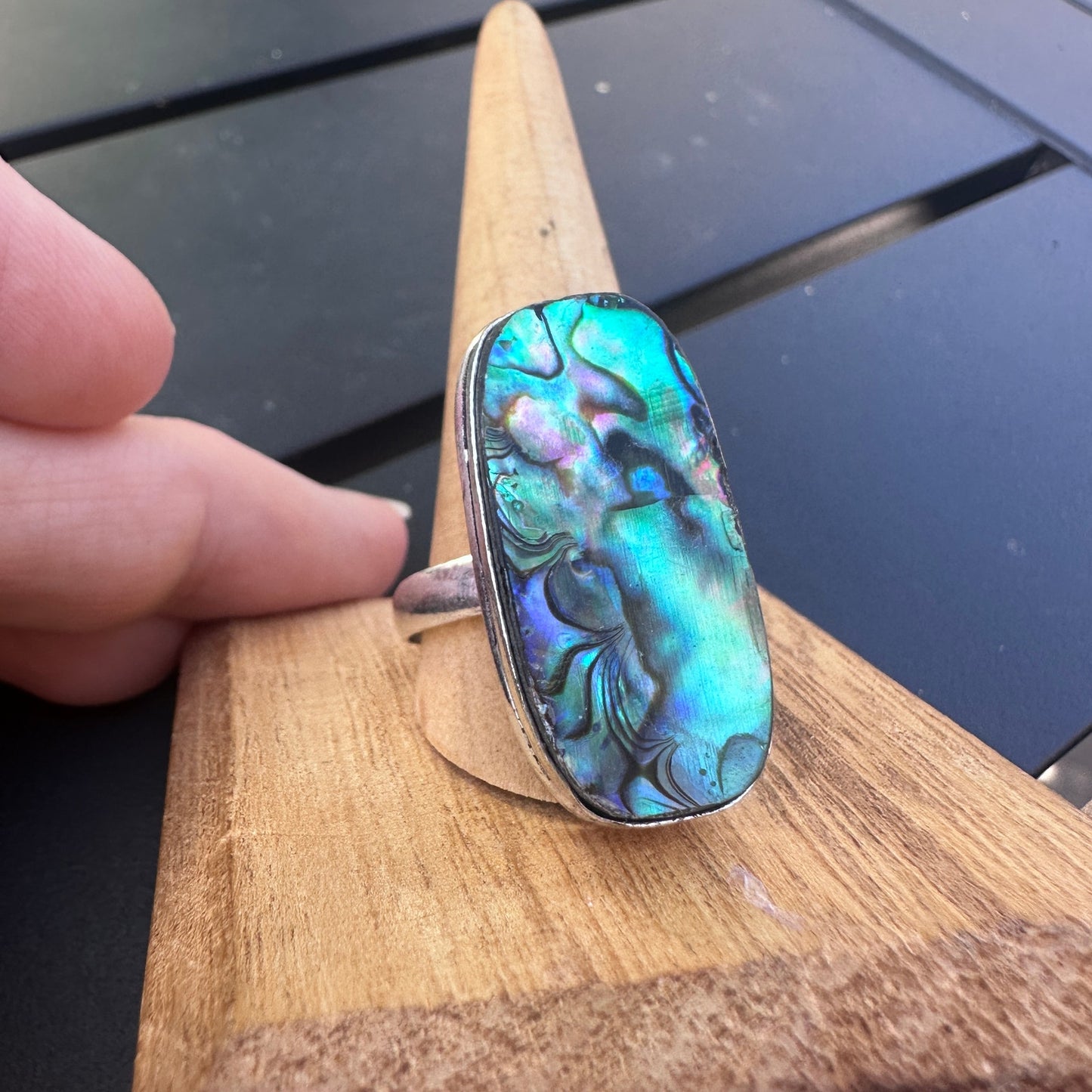 Abalone Shell Sterling Silver Plated Ring – Size 13 Statement Jewelry
