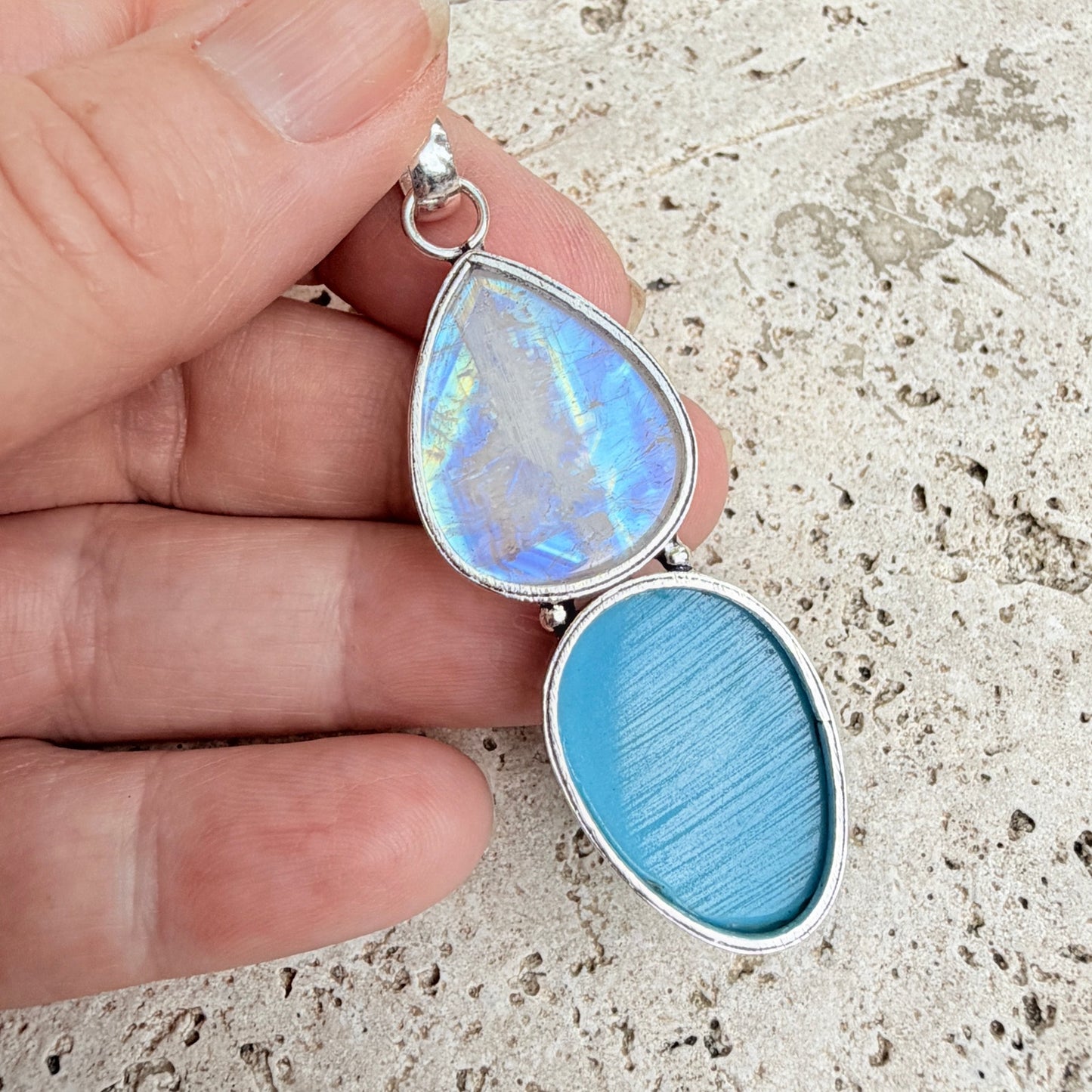 Rainbow Moonstone Moon Face Blue Agate Pendant 925 Overlay