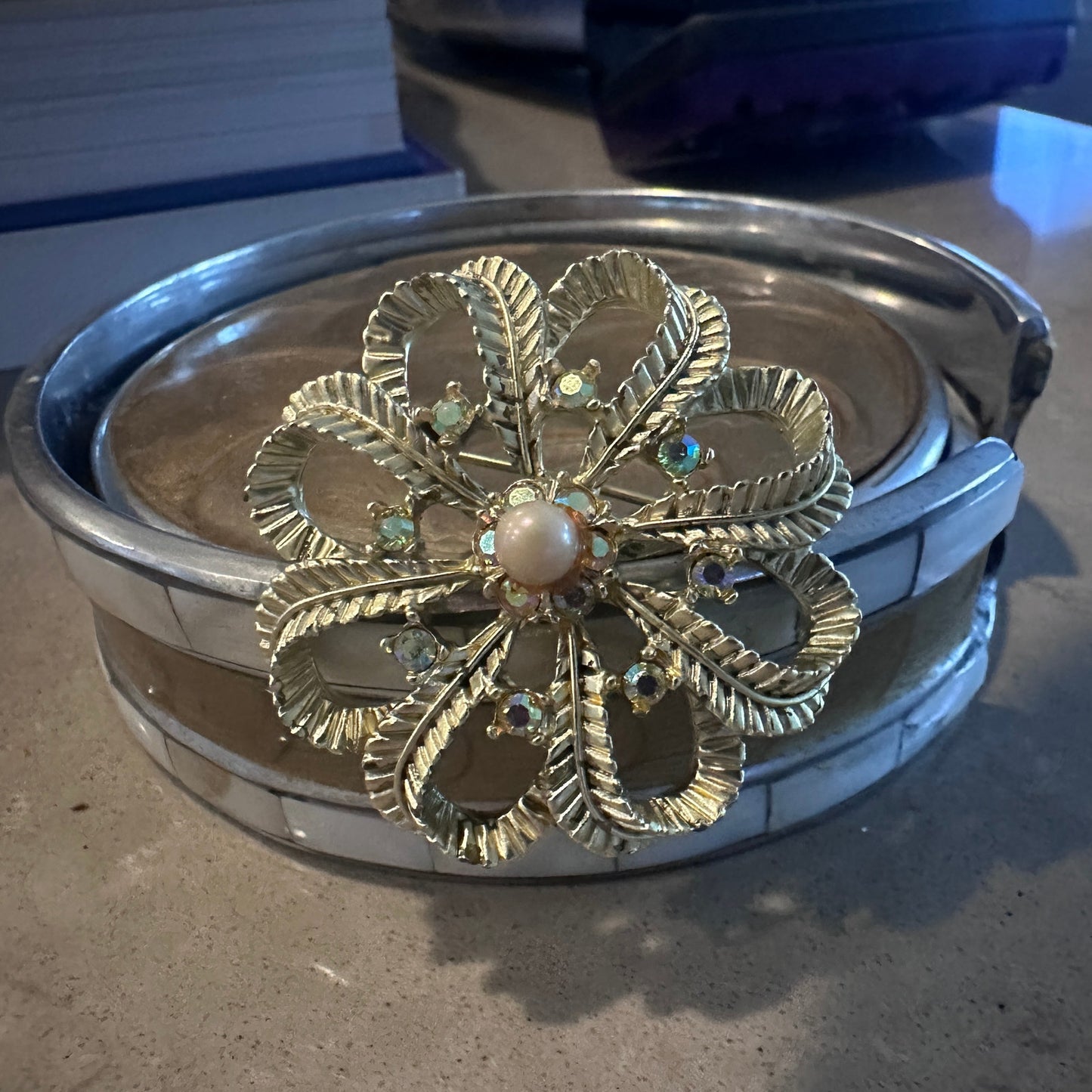 Vintage Gold Tone Filigree Flower Brooch w/ Faux Pearl & Rhinestones