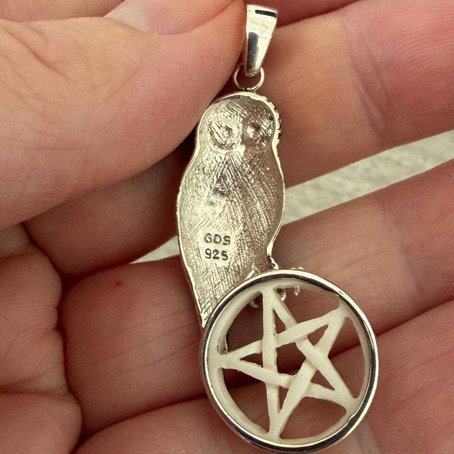 Owl Pentagram Pendant 925 Sterling Silver Carved Bone Gothic Wicca