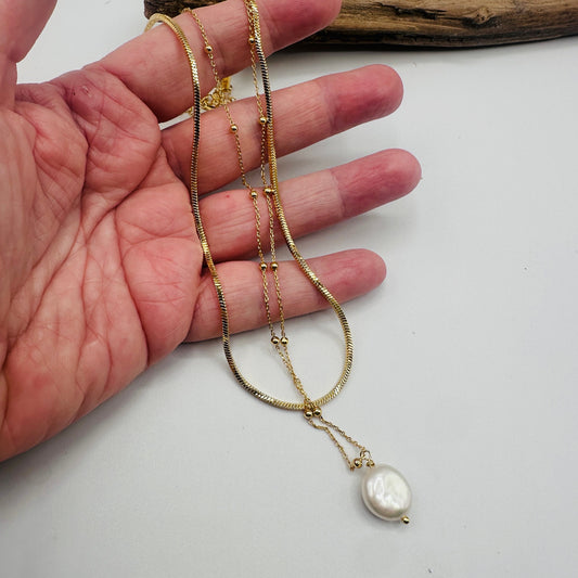 18K Gold Layered Pearl Chain Necklace