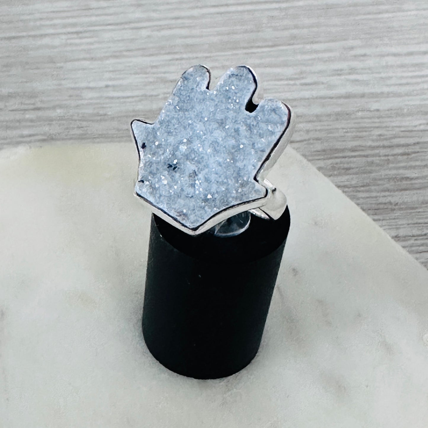 Hamsa Agate Druzy Sterling Silver Ring – Size 8, 925 Natural Stone