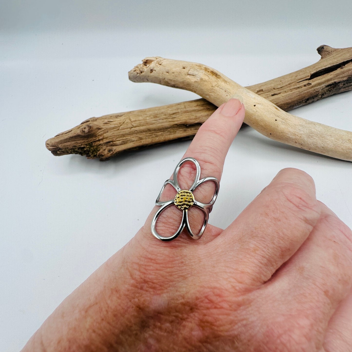 Silver & Gold Flower Statement Ring- Stainless Steel 18K