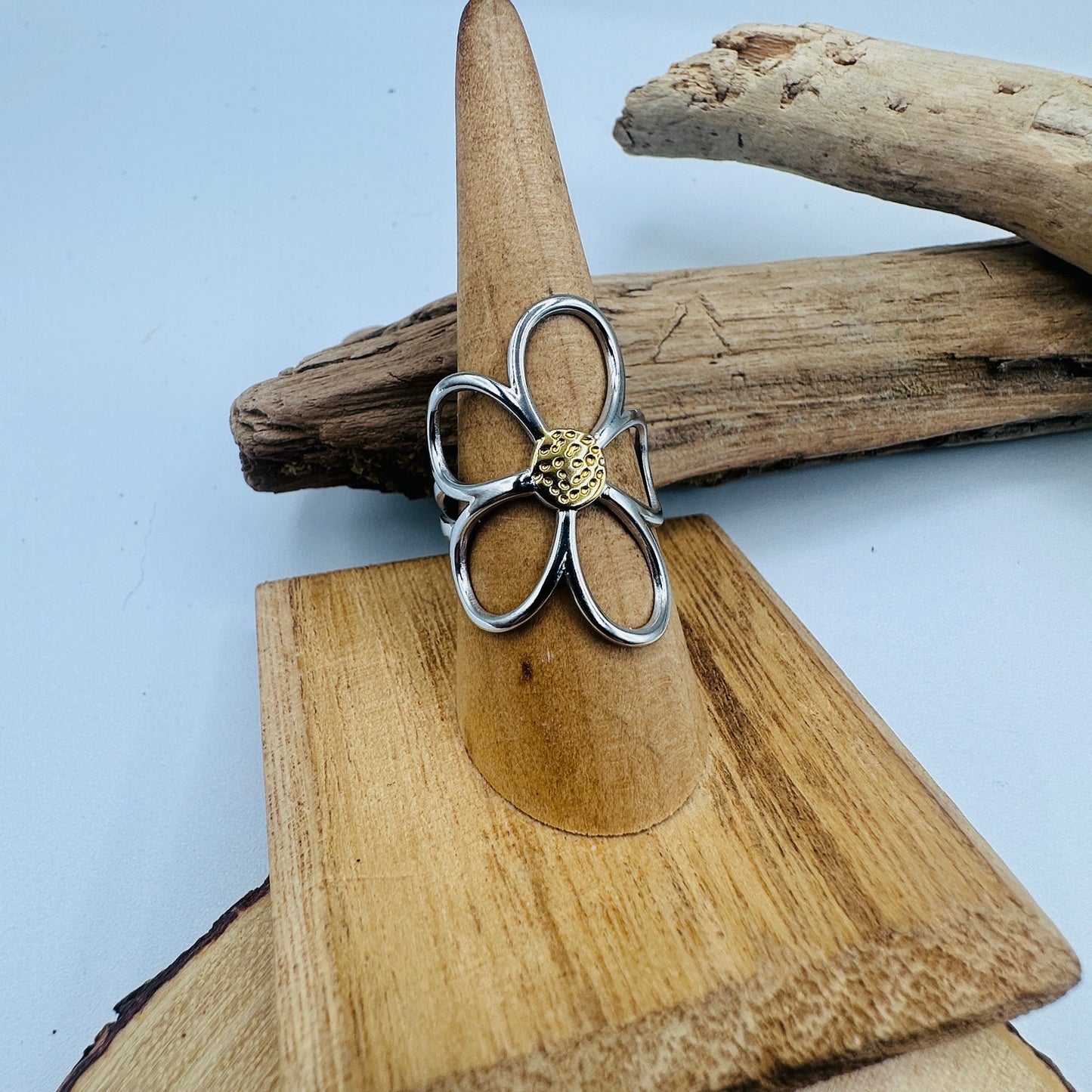 Silver & Gold Flower Statement Ring- Stainless Steel 18K