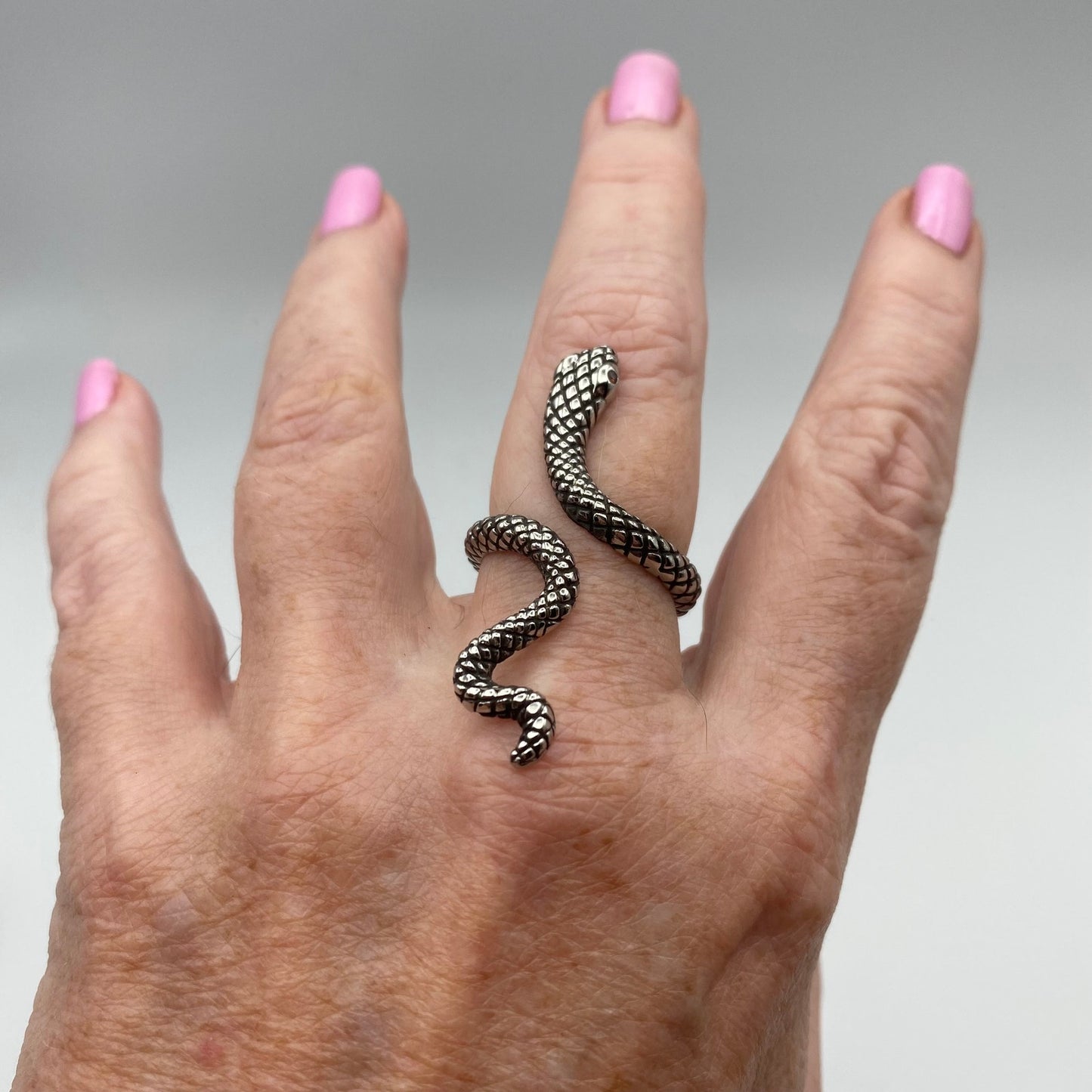 Stainless Steel Slithering Snake Ring- Red CZ Eyes
