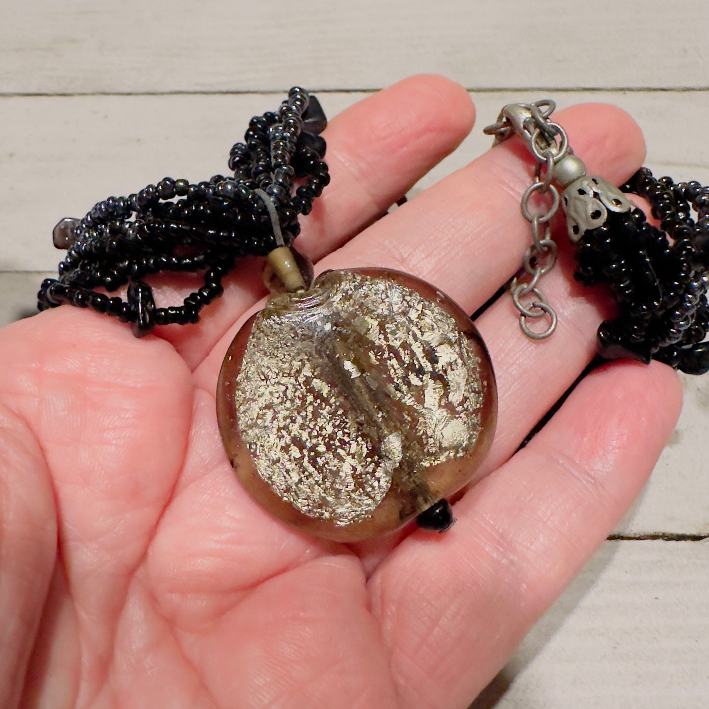 Vintage Black Multi-Strand Seed Bead Necklace with Crackle Glass Disc Pendant