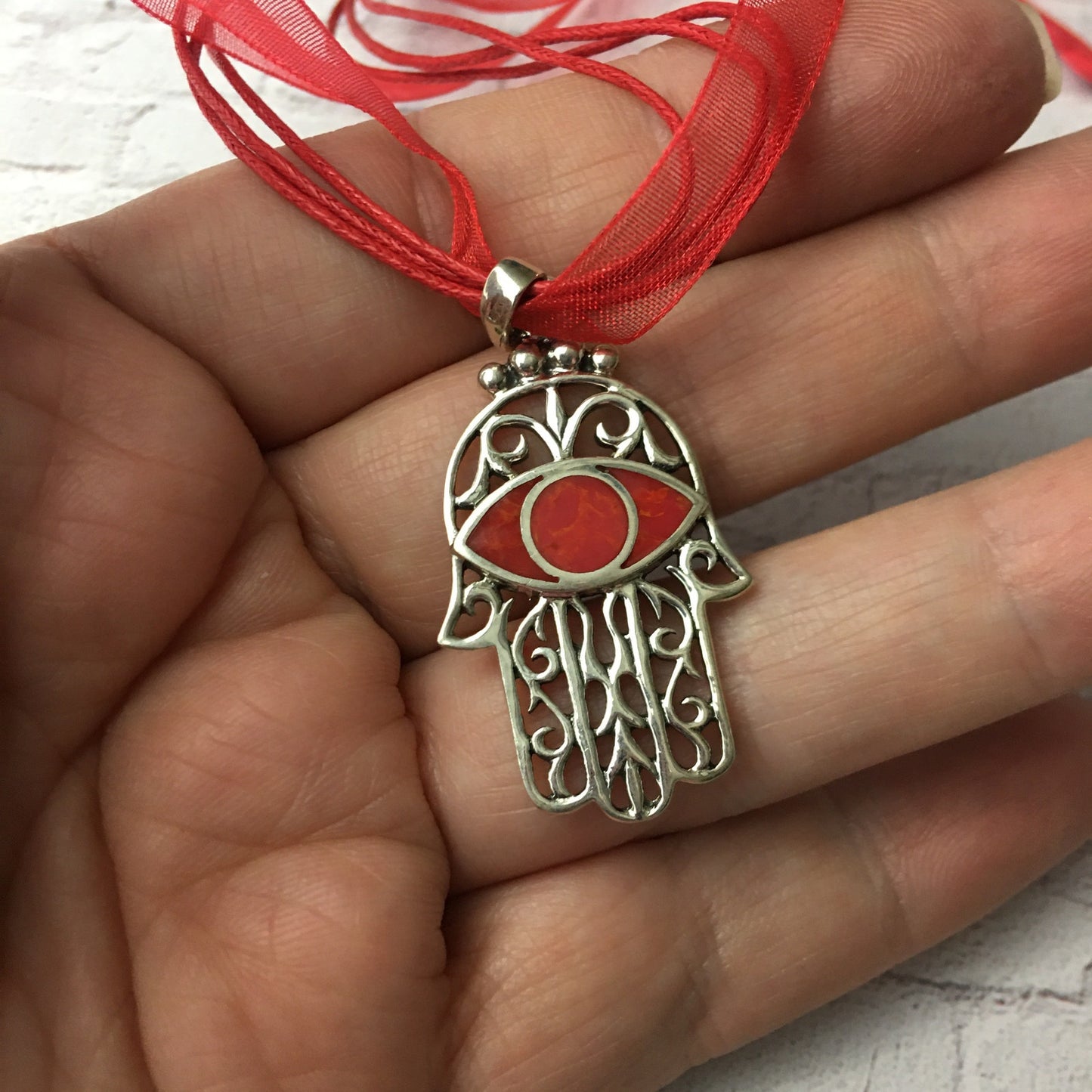 Hamsa Red Coral Sterling Silver Pendant Necklace