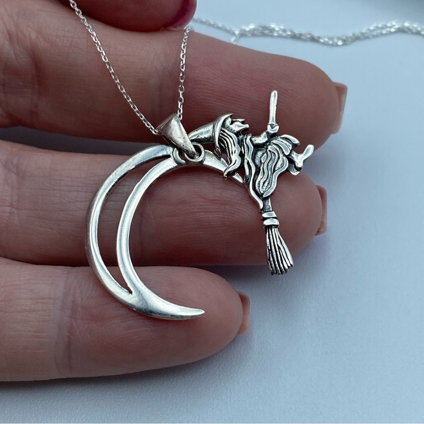 Moving Witch On Broomstick Crescent Moon Sterling Silver Necklace