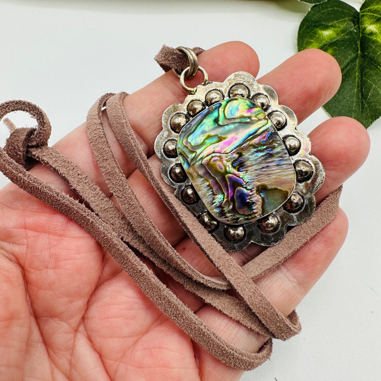 Abalone Shell Silver-Plated Boho Necklace on Suede Leather Cord