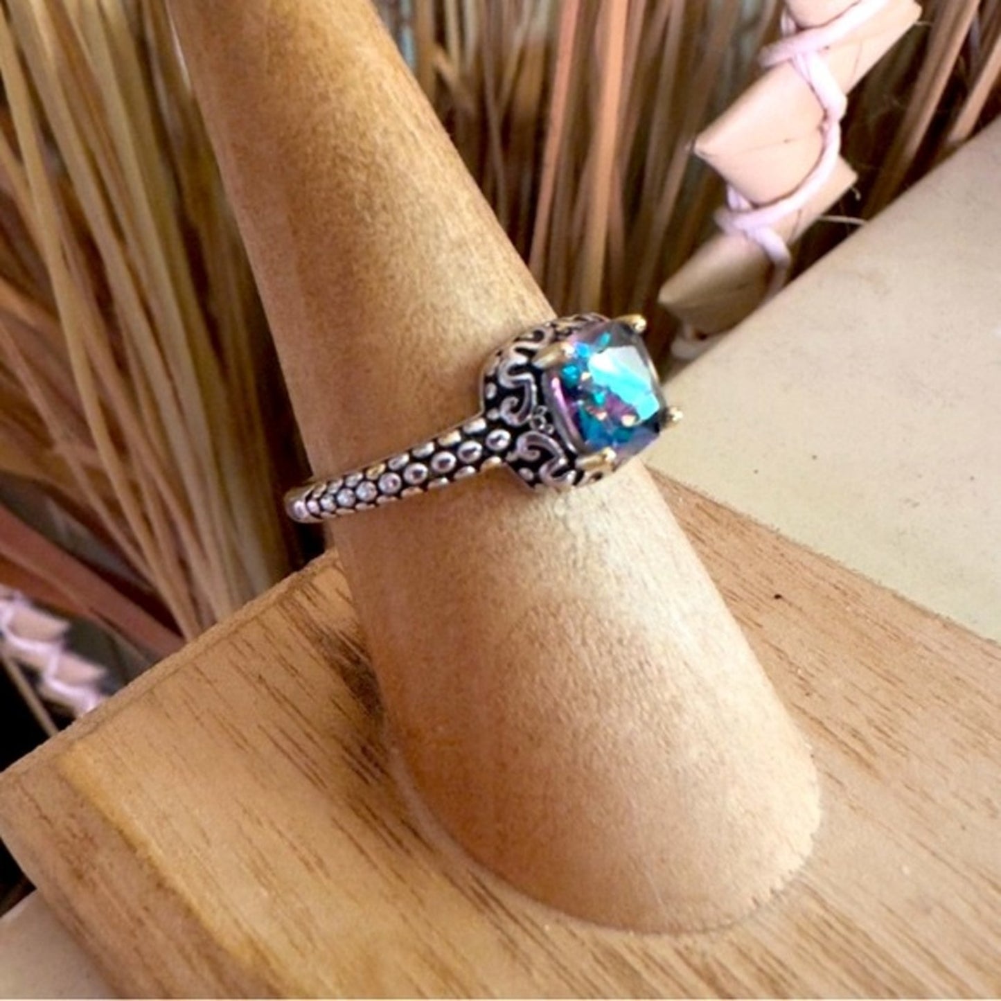Sterling Silver Celtic Rainbow Topaz Cushion CZ Ring