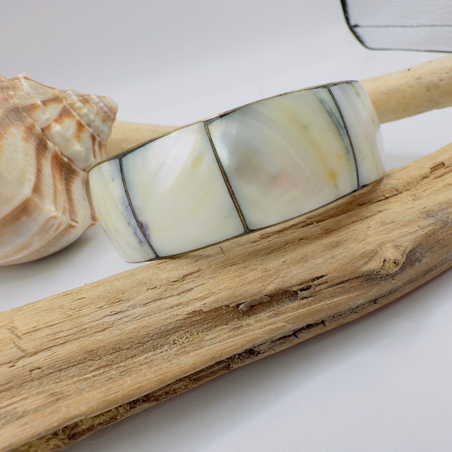 Vintage Mother Of Pearl Brass Jumbo Bangle Bracelet