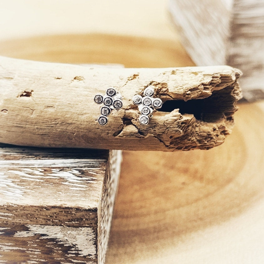 Sterling Silver CZ Cross Stud Earrings