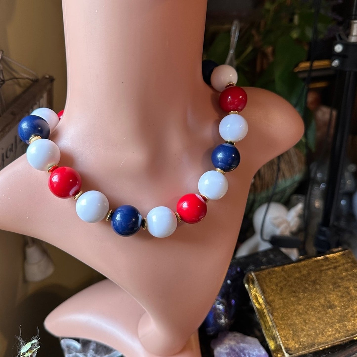 Vintage Signed Napier Rare Red White Blue Ball Necklace
