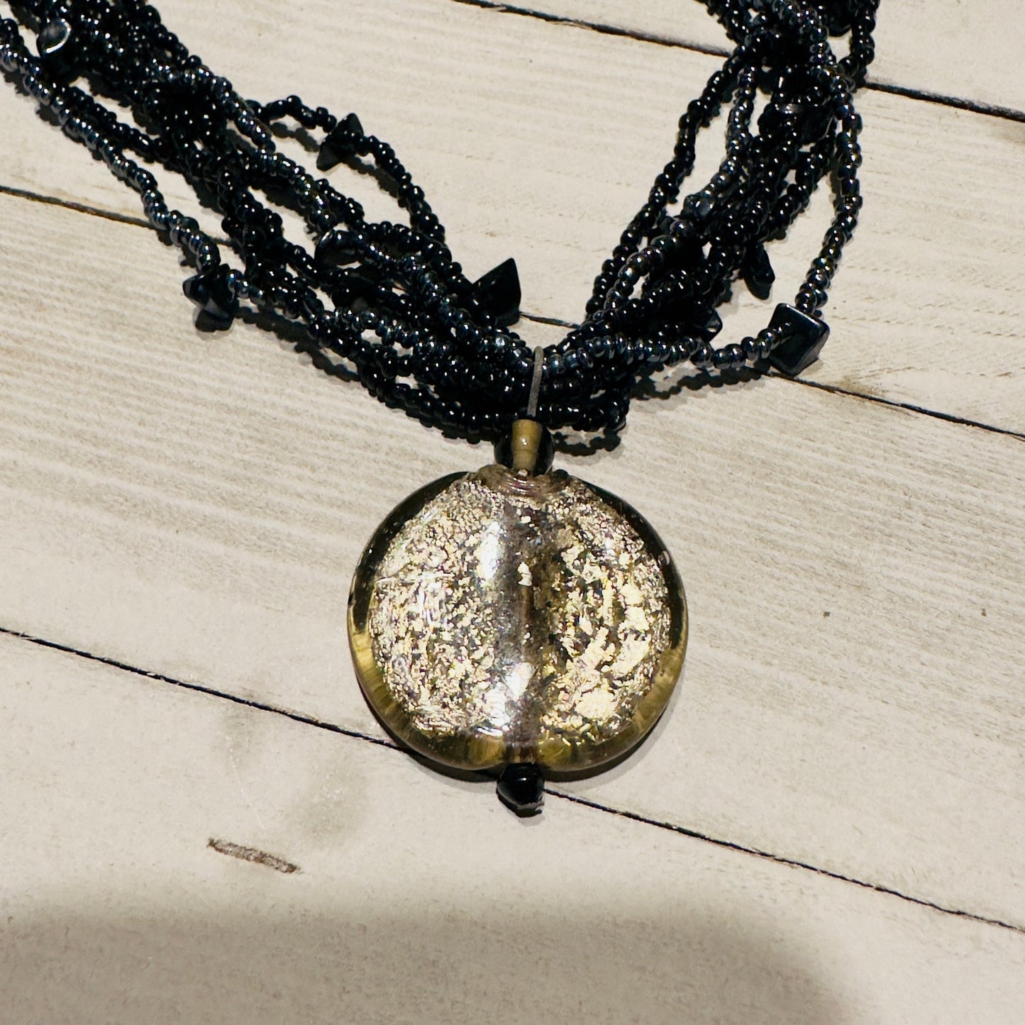 Vintage Black Multi-Strand Seed Bead Necklace with Crackle Glass Disc Pendant