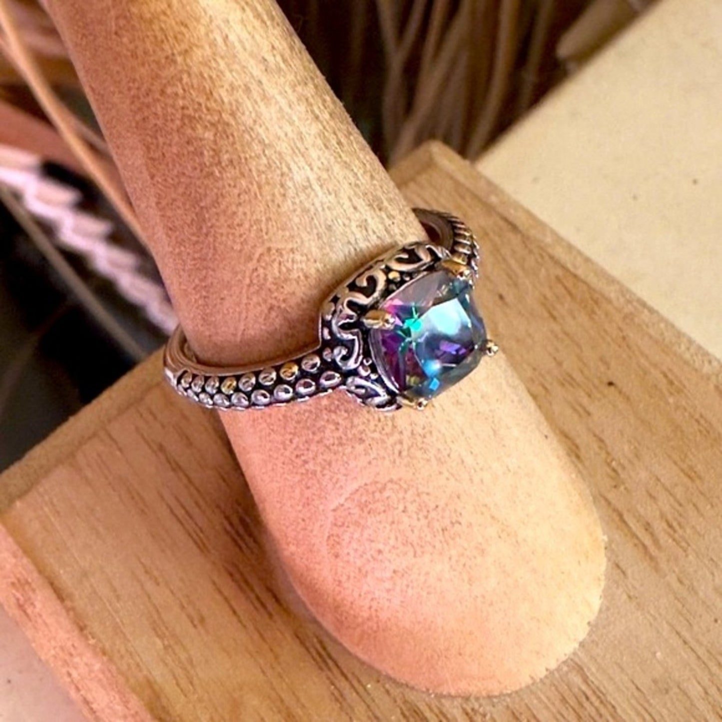 Sterling Silver Celtic Rainbow Topaz Cushion CZ Ring