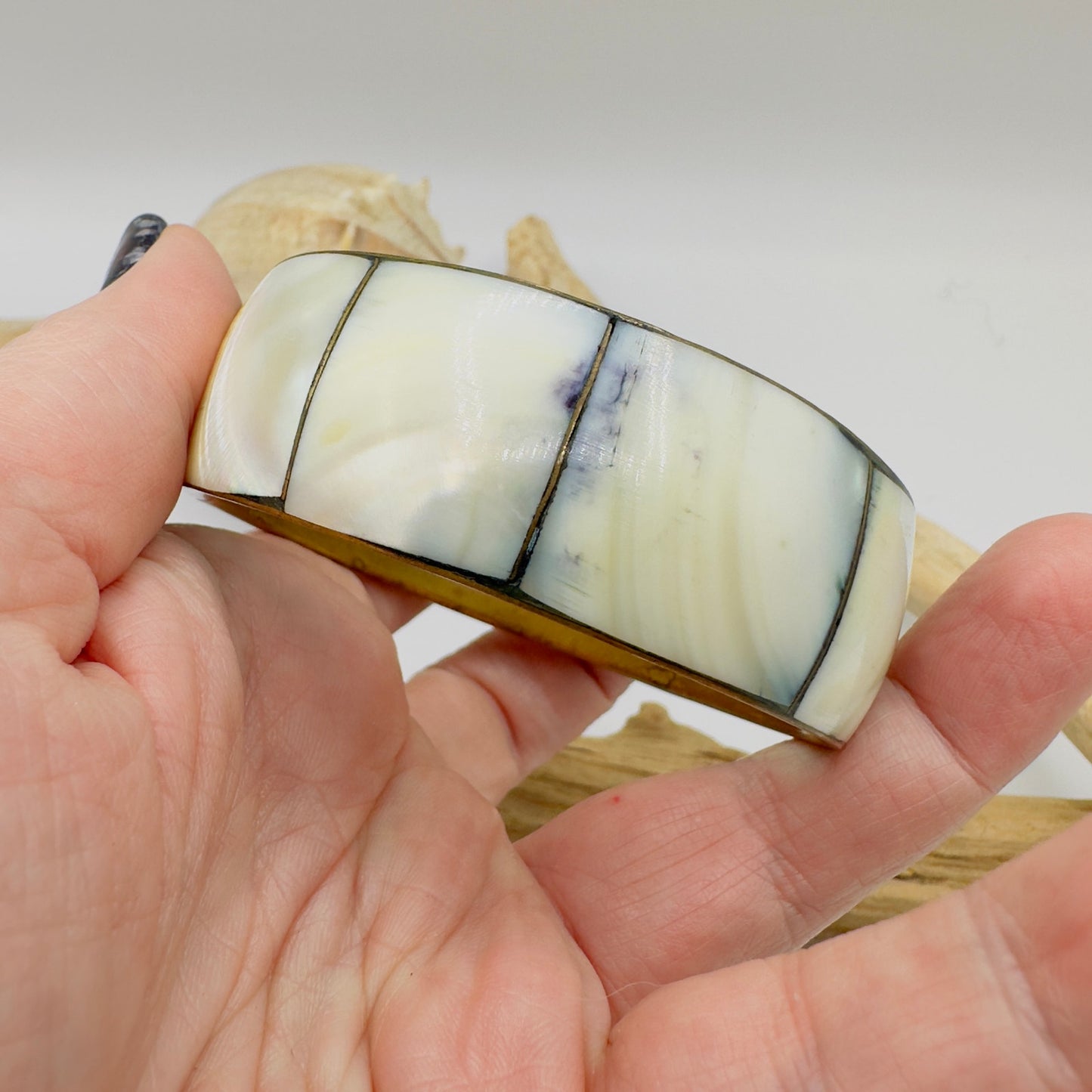 Vintage Mother Of Pearl Brass Jumbo Bangle Bracelet