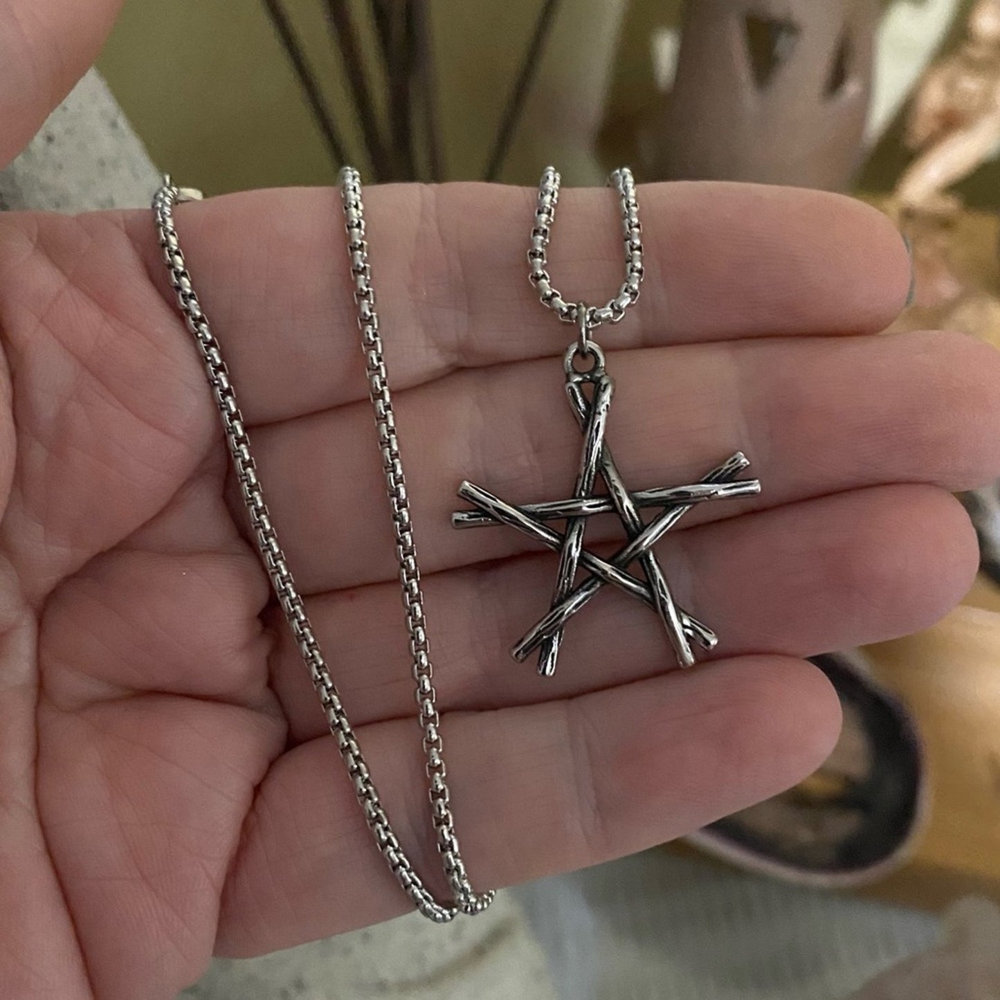 Stainless Steel Rustic Sticks Pentagram Pendant on Rounded Box Chain