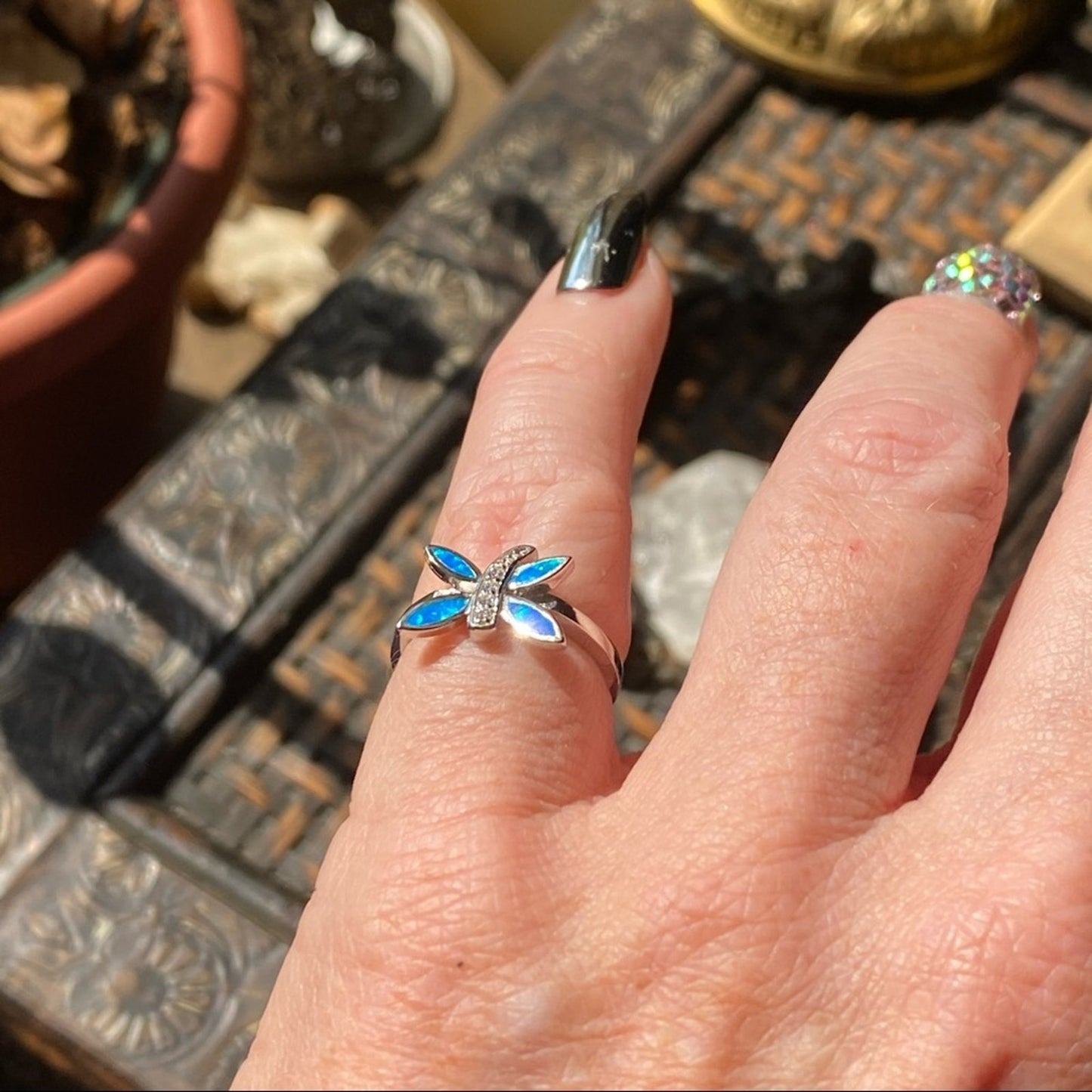 Dragonfly Blue Opal & Cz Sterling Silver Ring