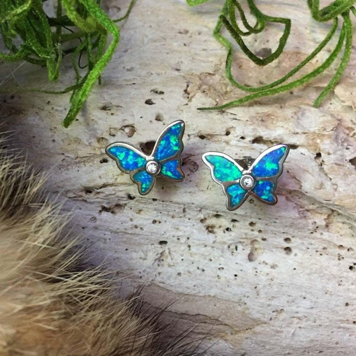 Butterfly Blue Opal CZ Sterling Silver Earrings