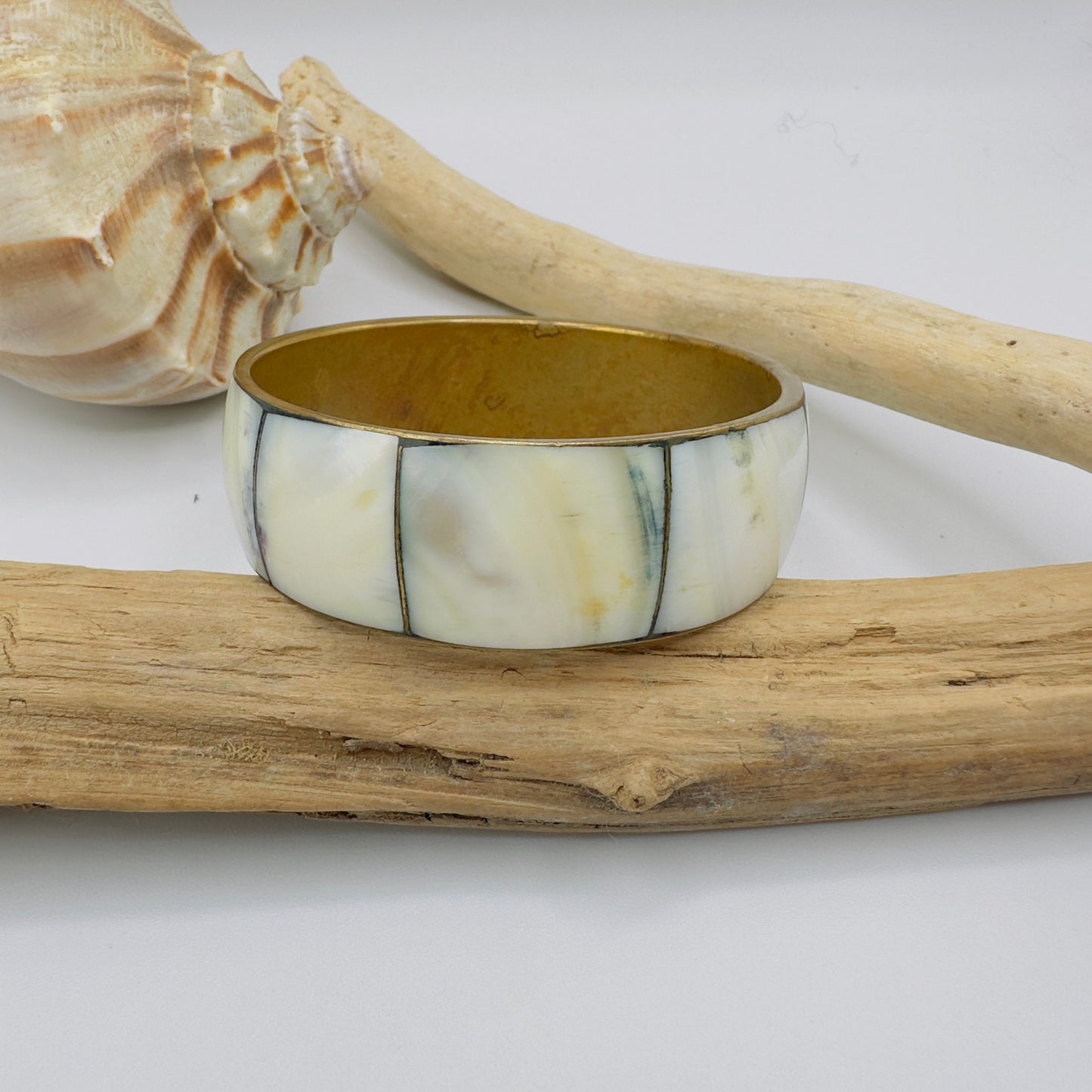 Vintage Mother Of Pearl Brass Jumbo Bangle Bracelet