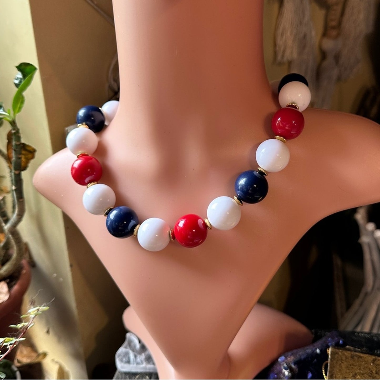 Vintage Signed Napier Rare Red White Blue Ball Necklace