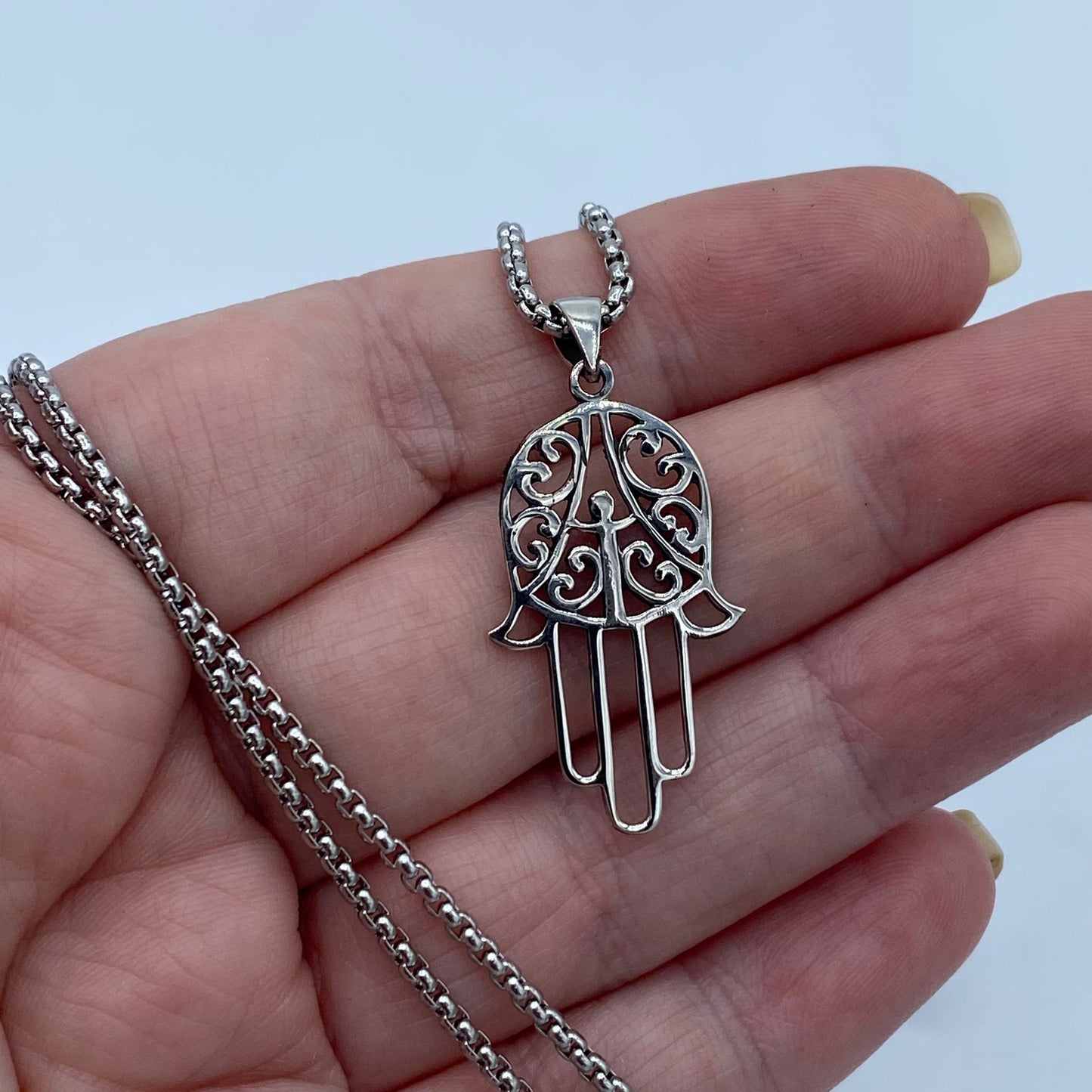 Hamsa Sterling Silver Pendant On Stainless Steel Rounded Box Chain