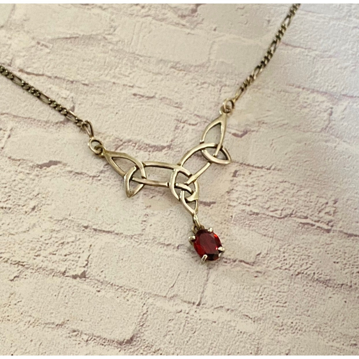 Vintage Sterling Silver Celtic Knot Necklace With Deep Garnet Drop