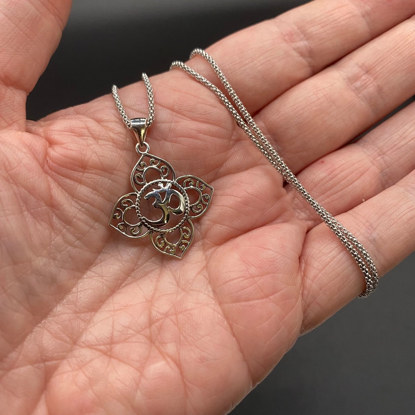 Om Religious Symbols Sterling Silver Pendant Necklace, Popcorn Chain