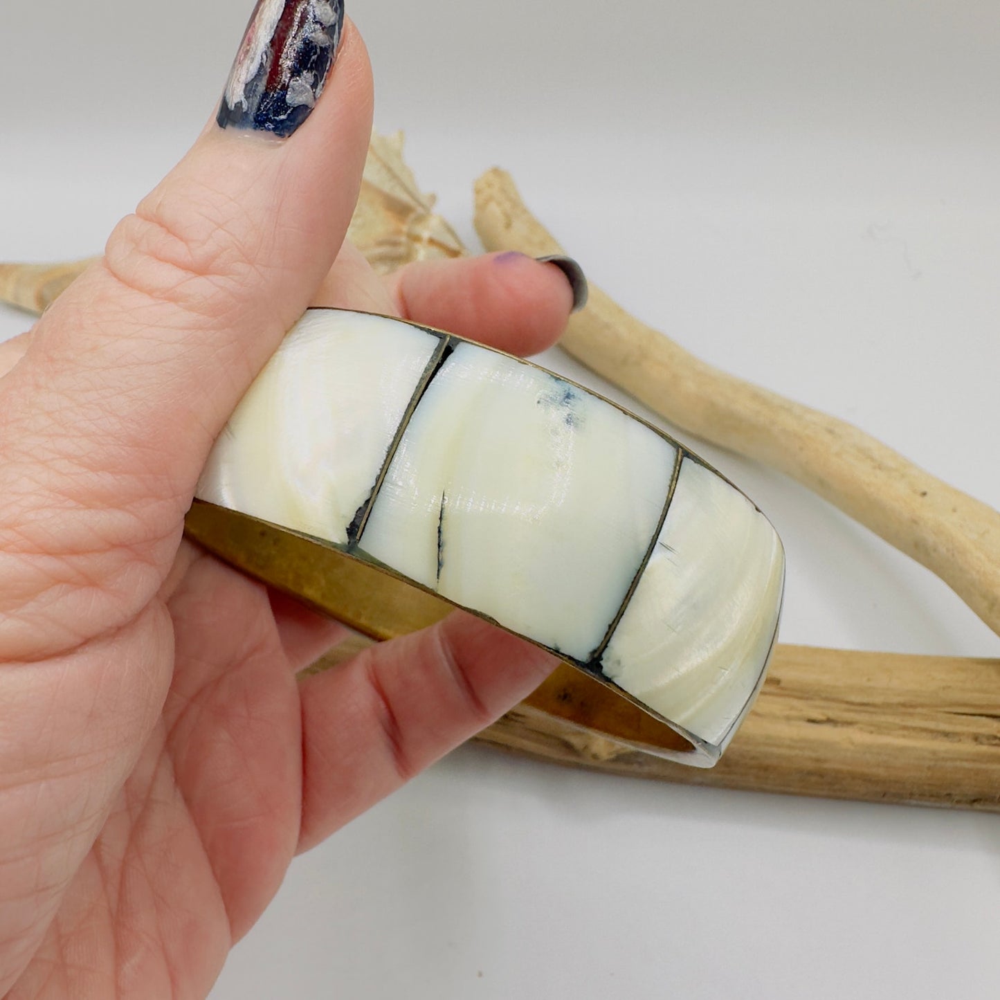 Vintage Mother Of Pearl Brass Jumbo Bangle Bracelet