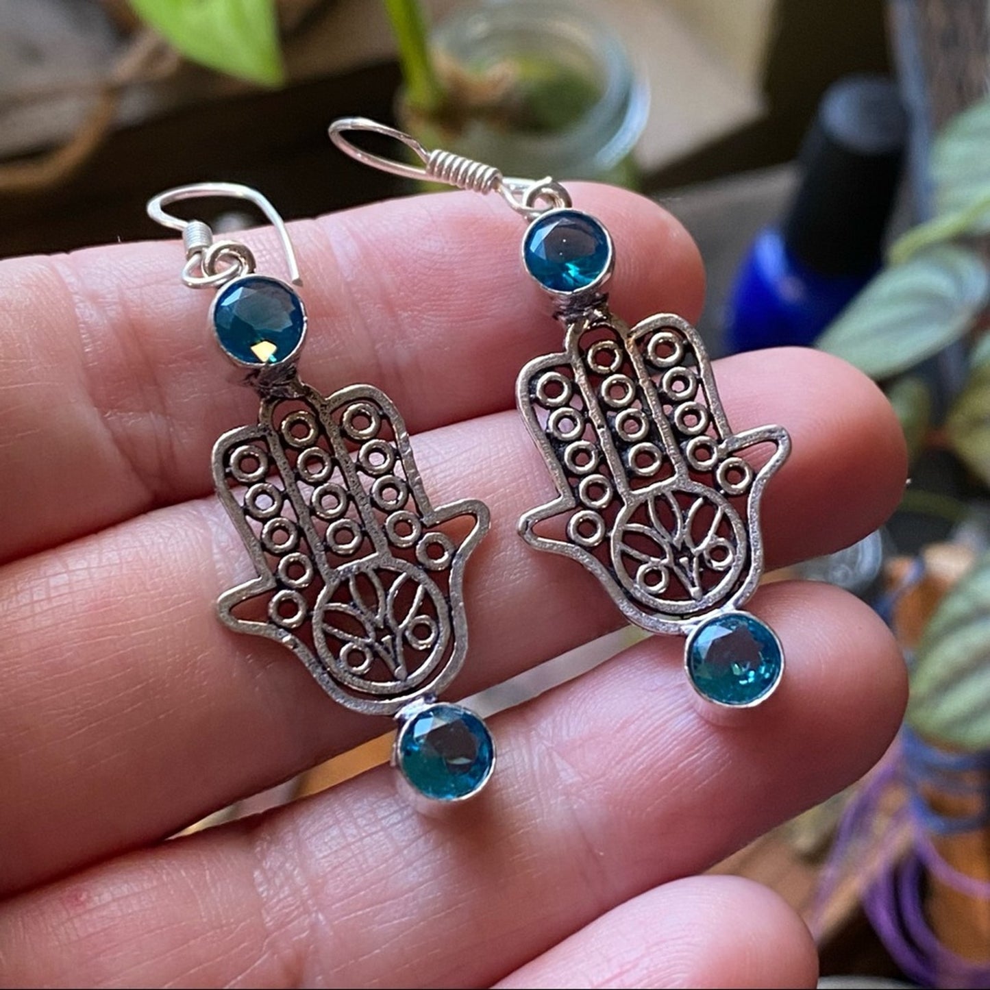 Hamsa Swiss Blue Topaz Sterling Silver Earrings
