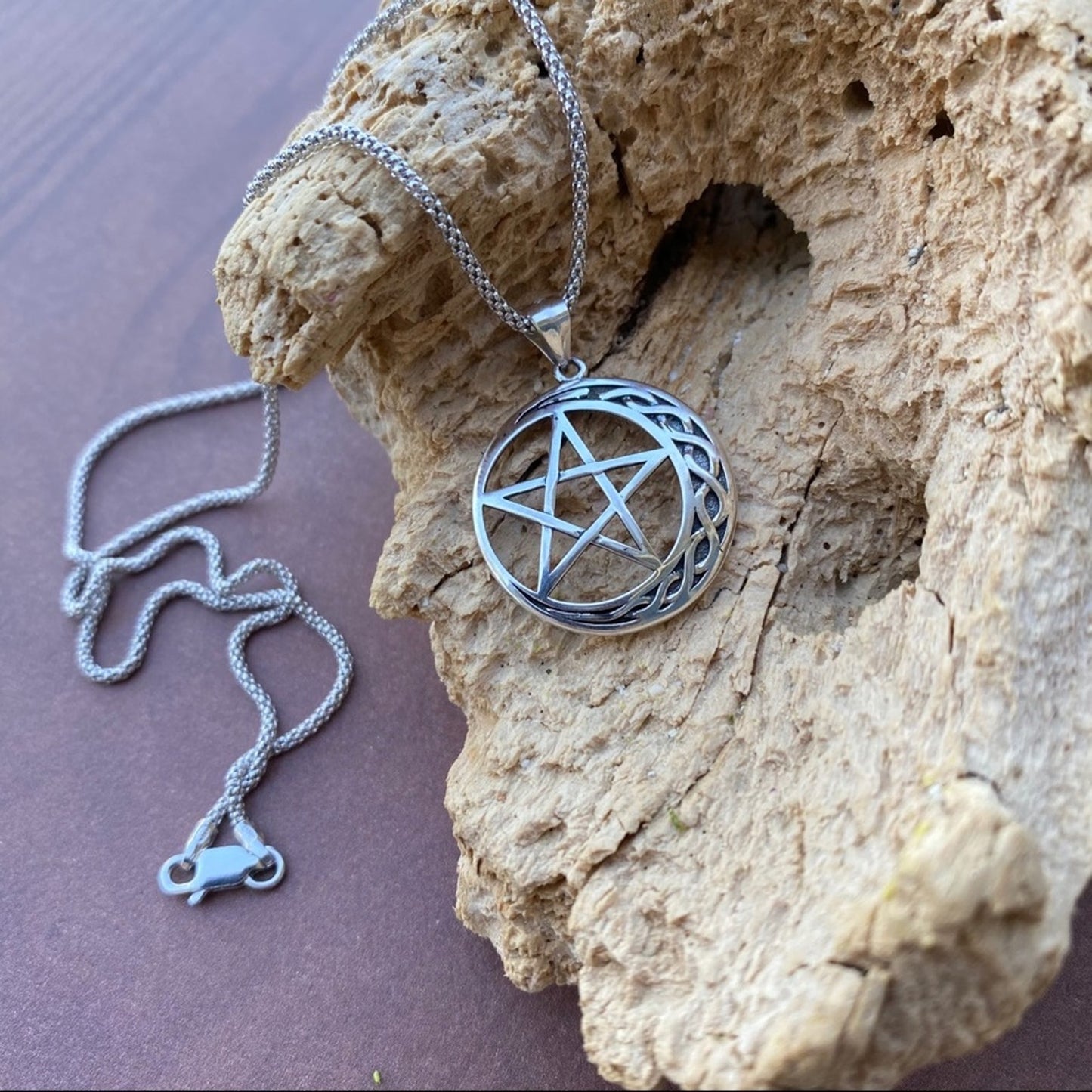 Celtic Crescent Moon And Star Sterling Silver Necklace Popcorn Chain