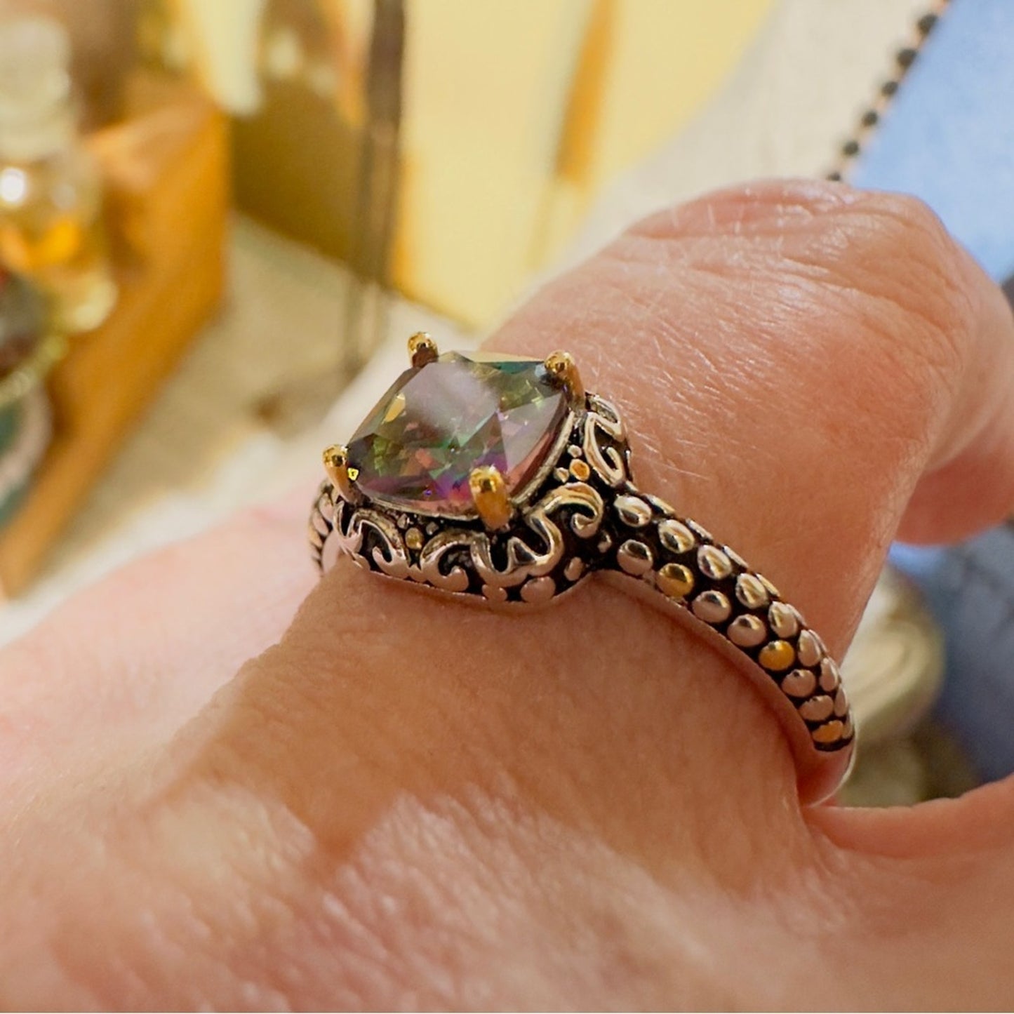 Sterling Silver Celtic Rainbow Topaz Cushion CZ Ring