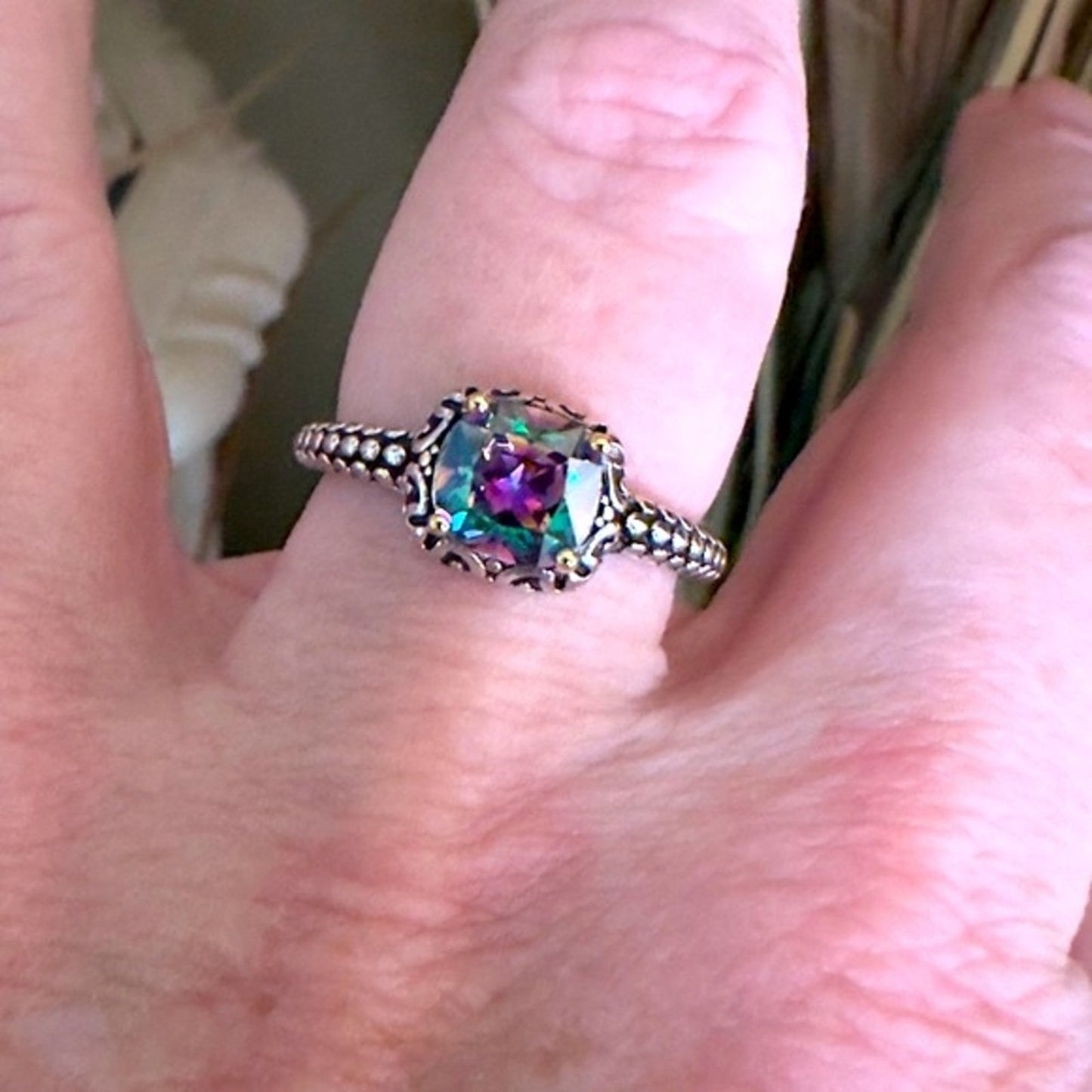 Sterling Silver Celtic Rainbow Topaz Cushion CZ Ring