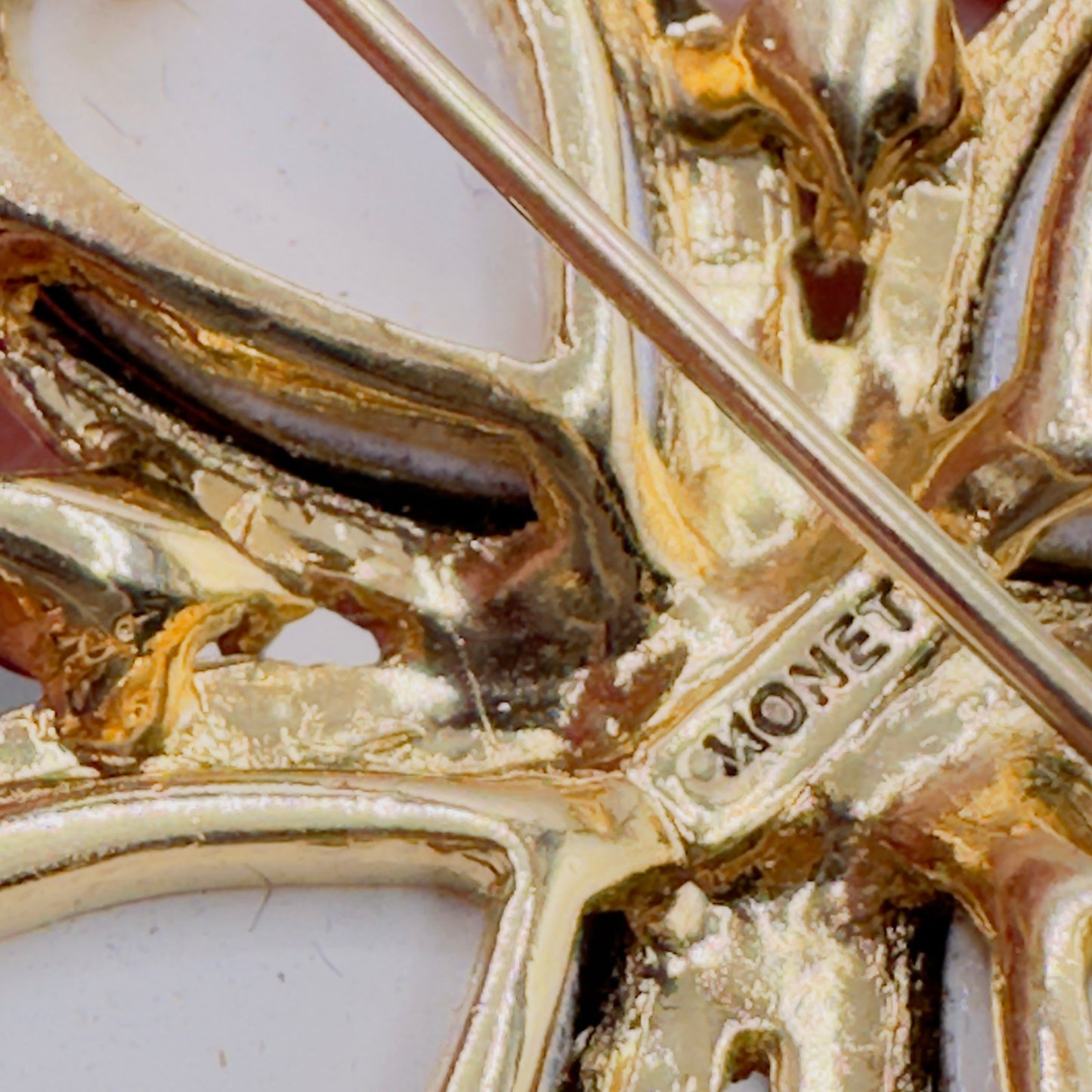 Vintage Signed Monet Maltese Cross Brooch-Gold Tone with Purple Faux Pearls & Rhinestones