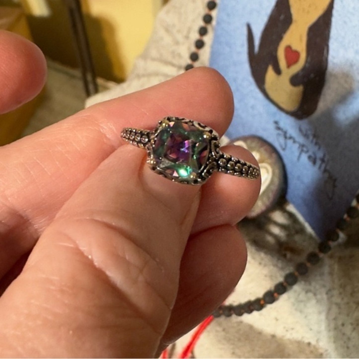 Sterling Silver Celtic Rainbow Topaz Cushion CZ Ring