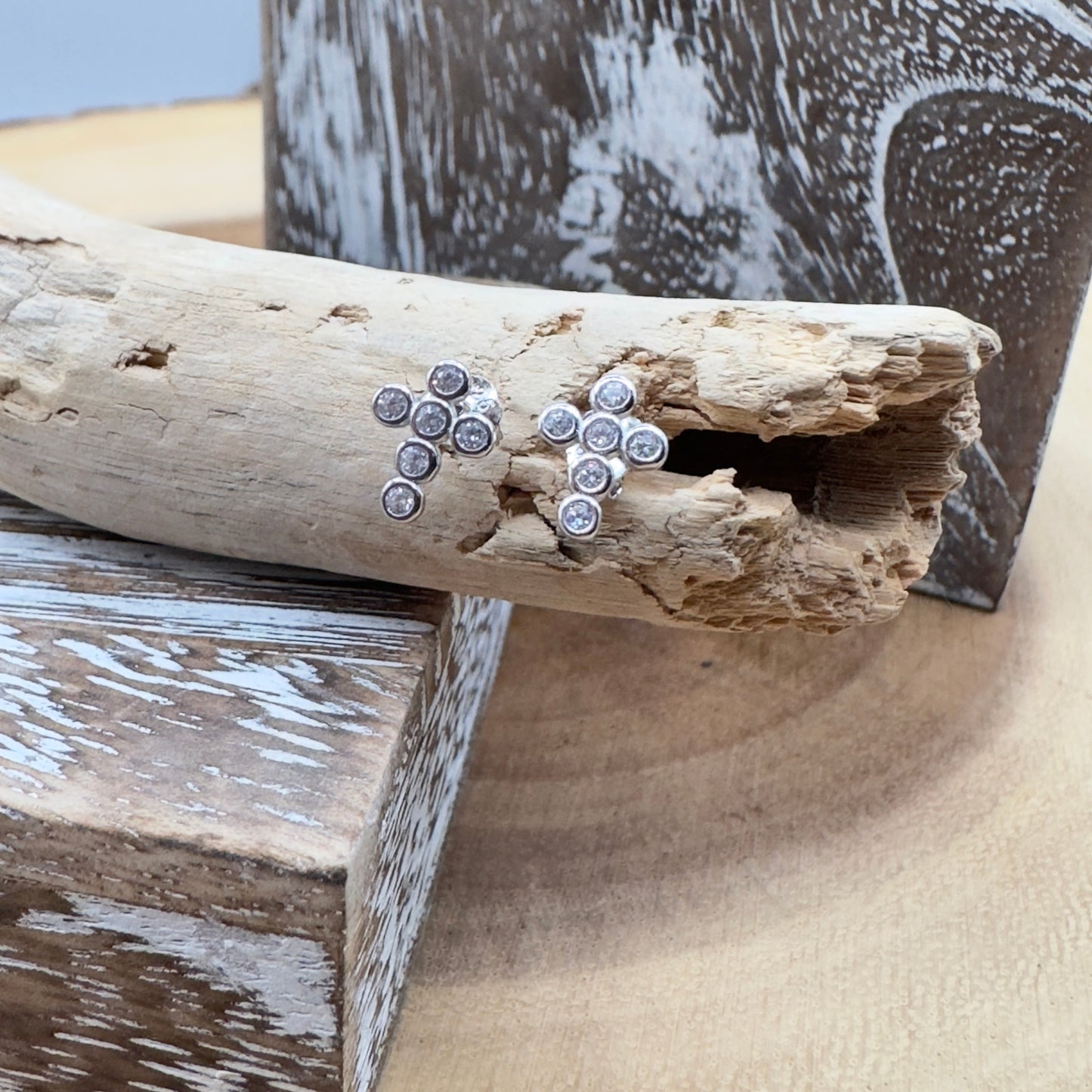 Sterling Silver CZ Cross Stud Earrings