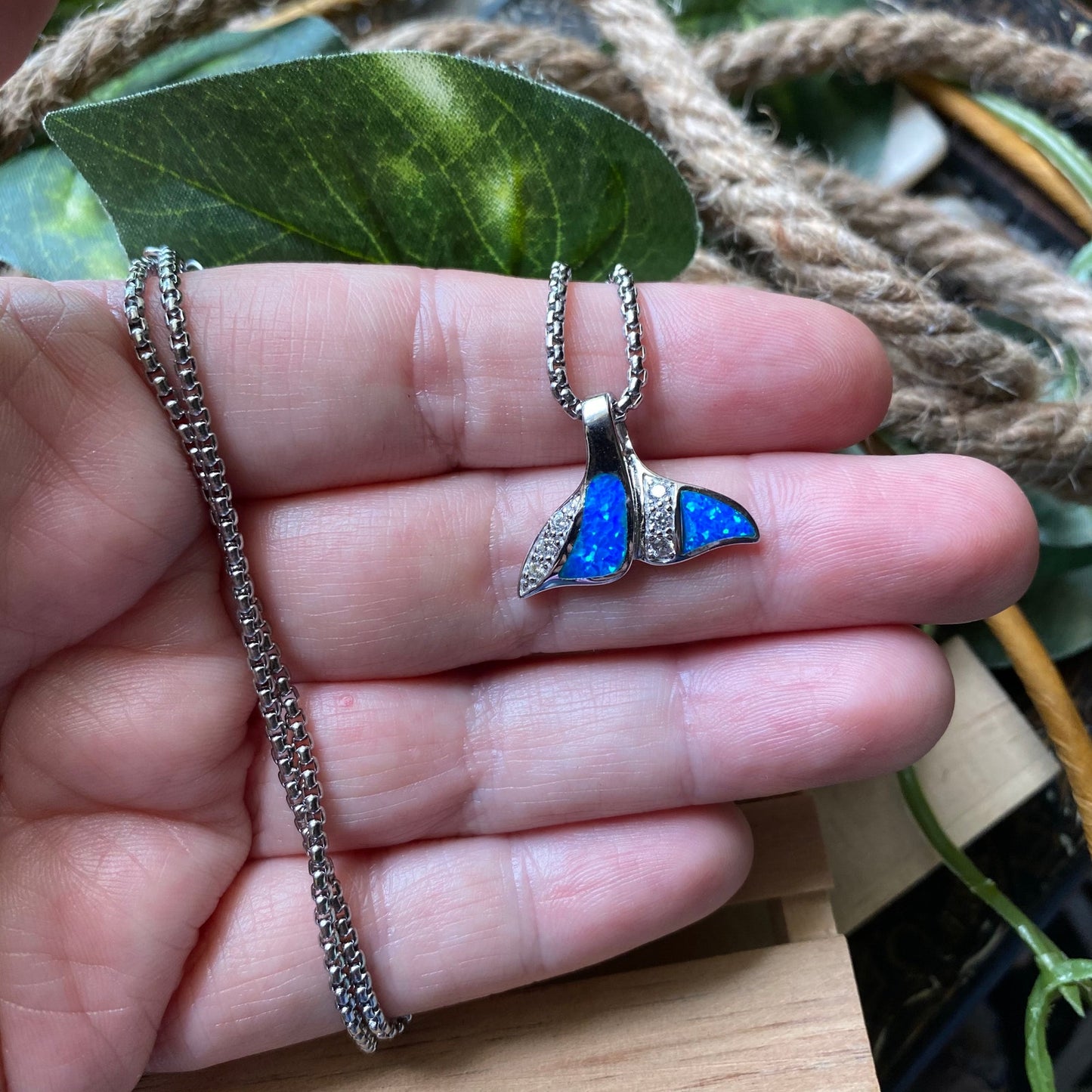 Sterling Silver Blue Opal CZ Whale Tail Pendant on Stainless Steel Chain